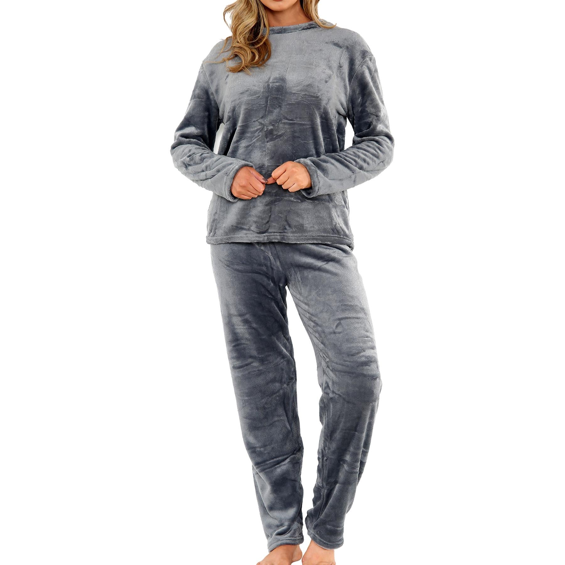 Ladies Pyjamas Soft Warm Fleece Adults Crew Neck Pyjamas 2 Piece Gift Set