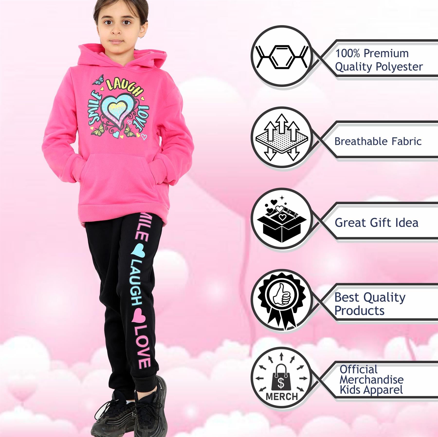 A2Z 4 Kids Girls Tracksuit Smile Laugh Love Print Hooded Top Bottoms Outfit Set