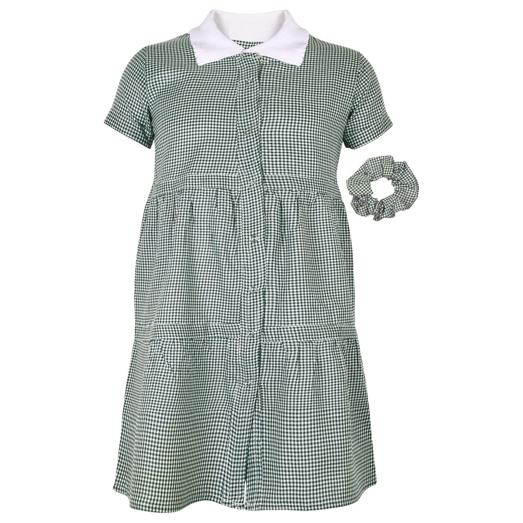 Kids Girls 2 Pack Gingham School Dress Check Button Up Tiered Dresses With Scrunchies