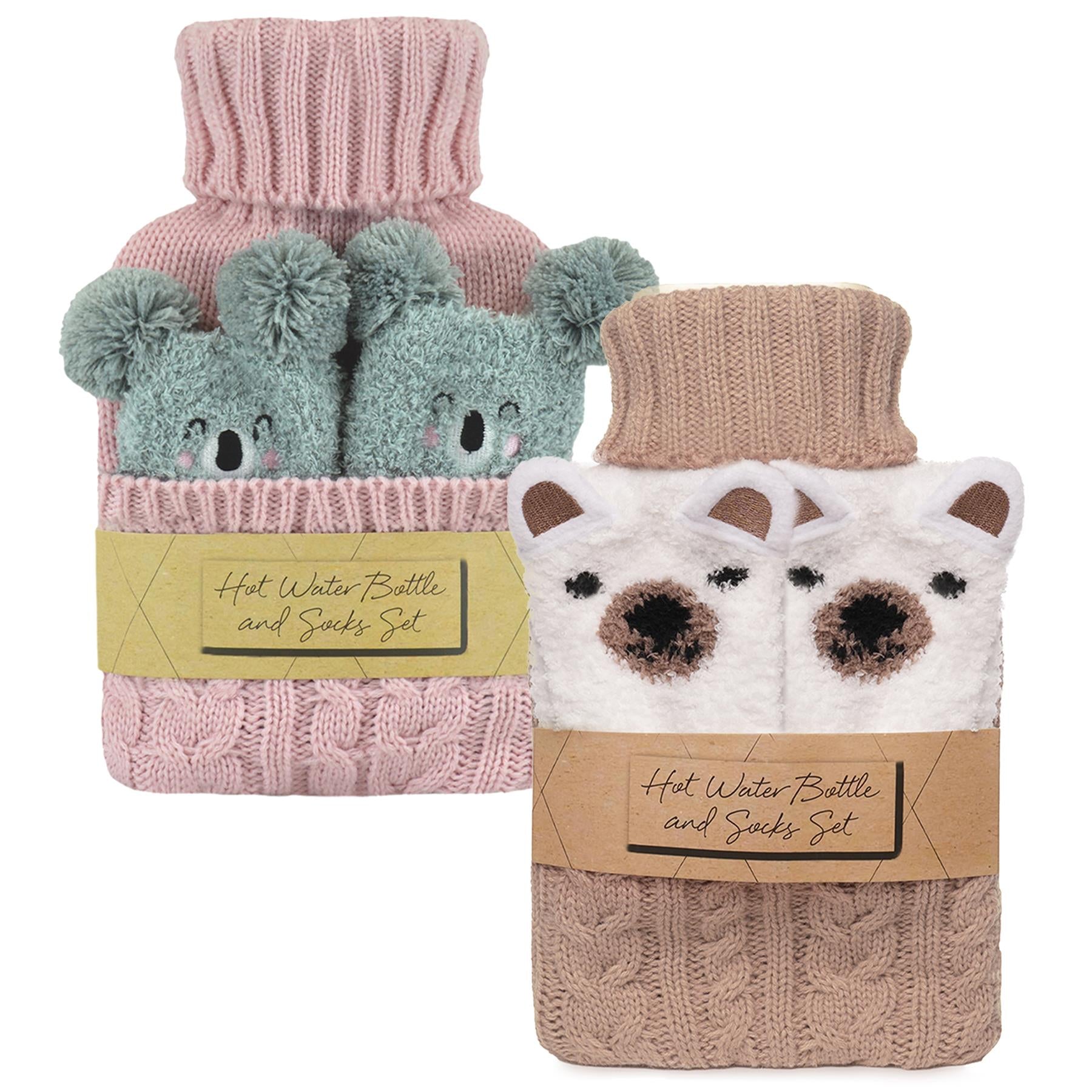 A2Z Hot Water Bottle 1 Litre Capacity Cable Knitted Cover & Cosy Socks Gift Set