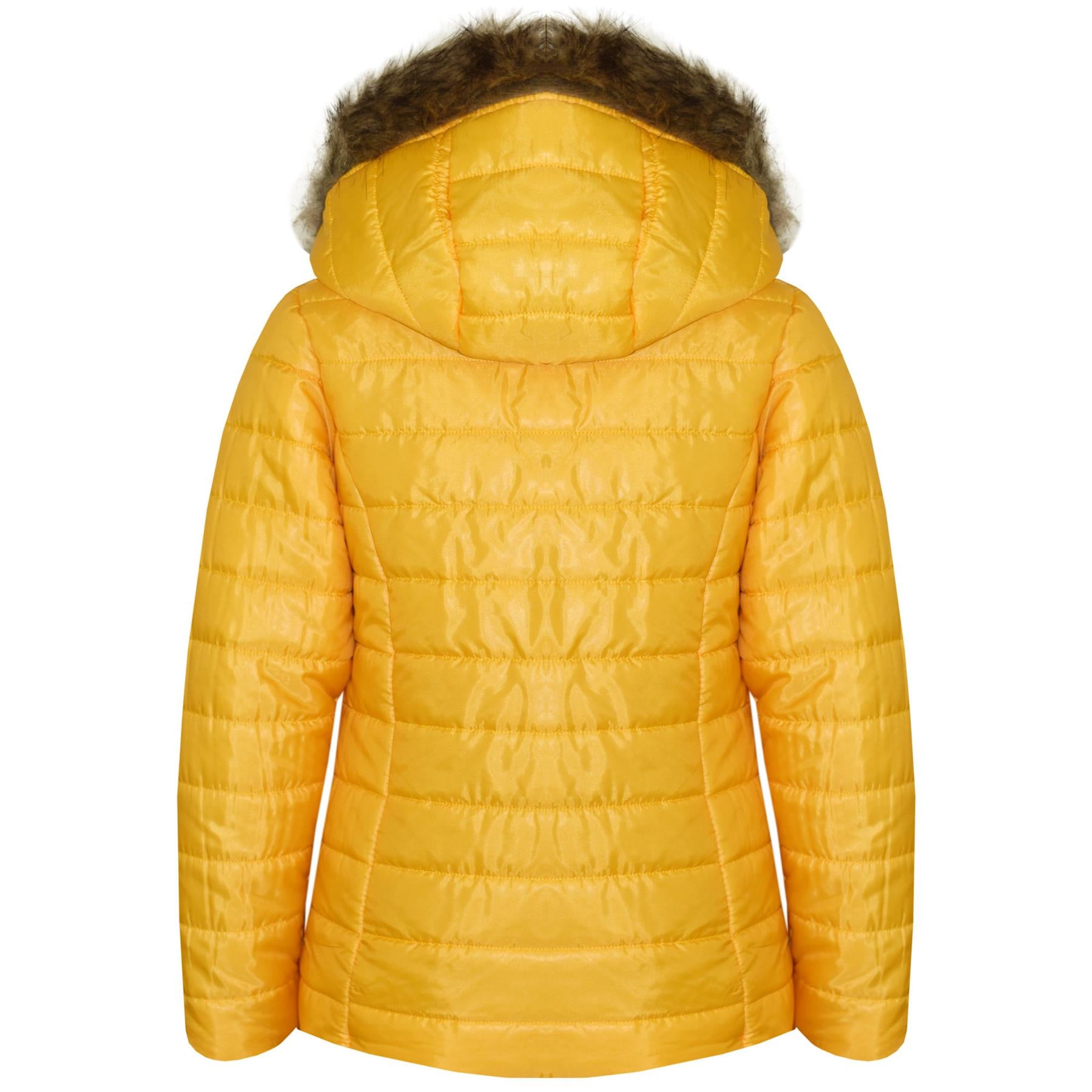 Kids Girls Jackets Mustard Puffer Padded Quilted Detachable Hood Faux Fur Coats