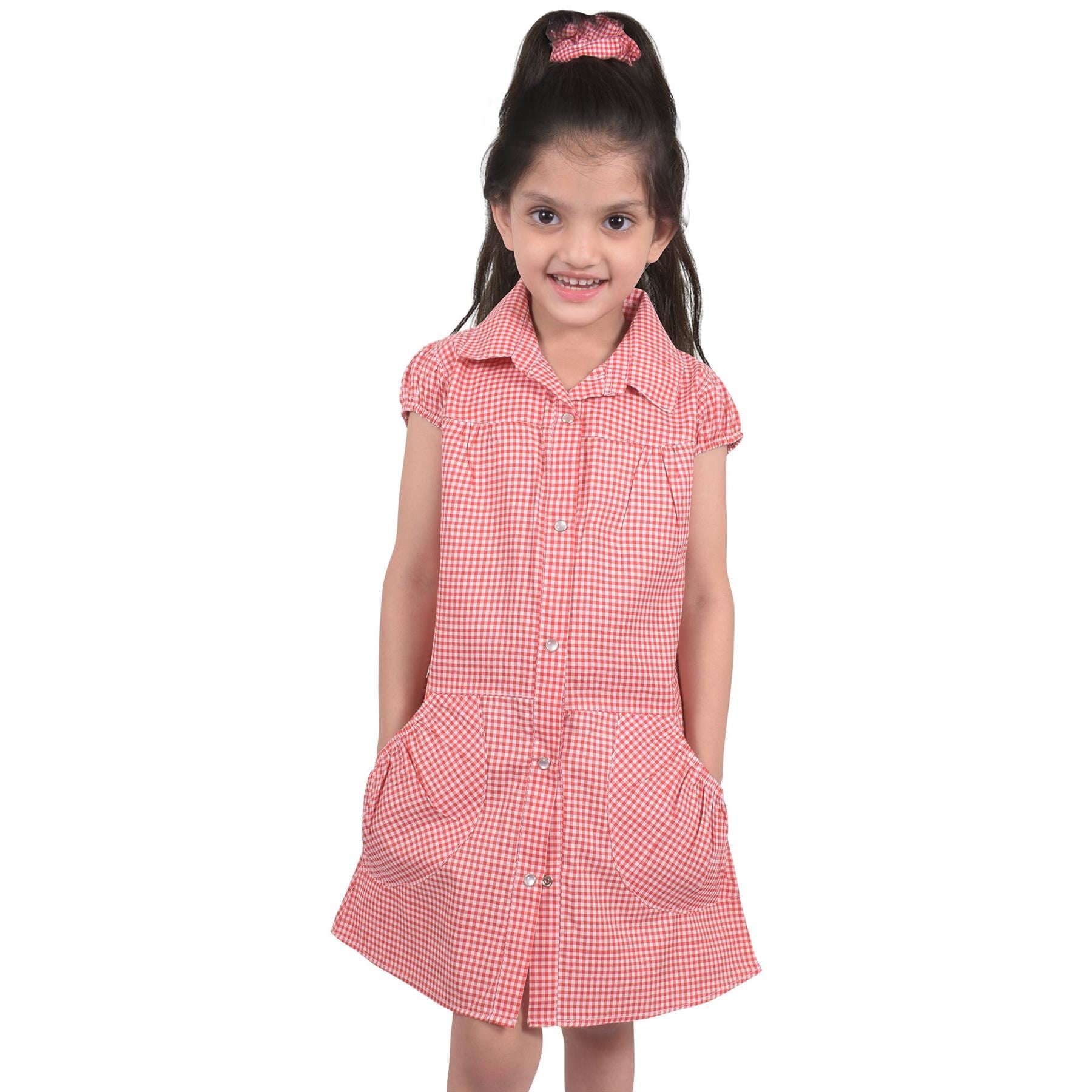 Kids Girls Gingham School Dress Check Printed Dresses With Matching Scrunchies