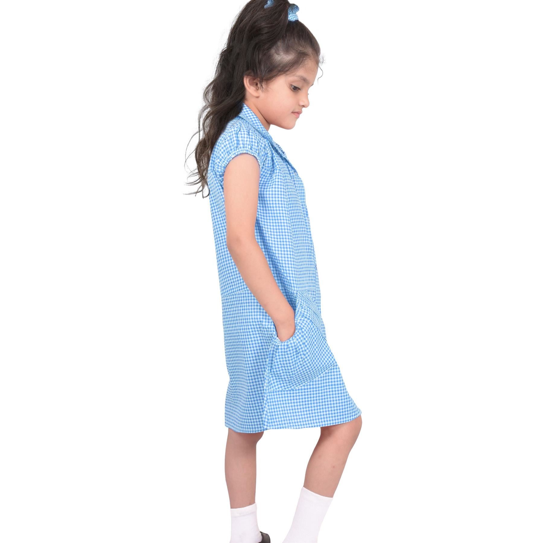 Kids Girls Gingham School Dress Check Printed Dresses With Matching Scrunchies