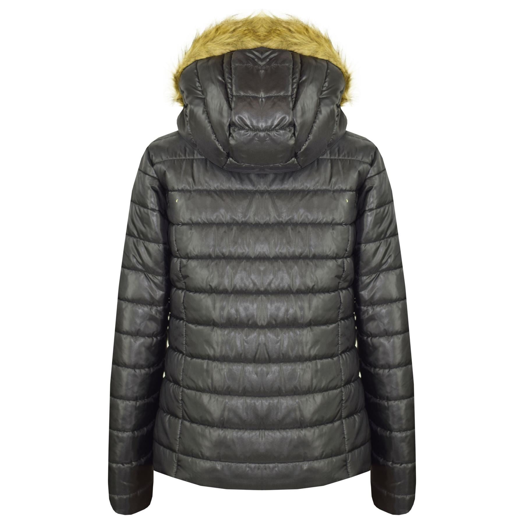 Kids Girls Jackets Black Puffer Padded Quilted Detachable Hood Faux Fur Top Coat