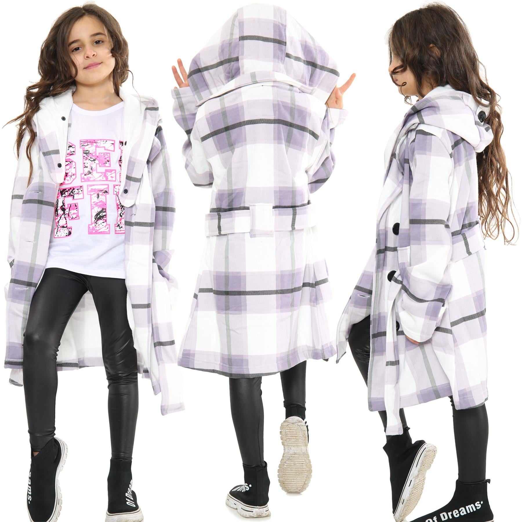 Kids Girls Overcoats Hooded Trench Coats Lapels Lilac Check Long Parka Jackets