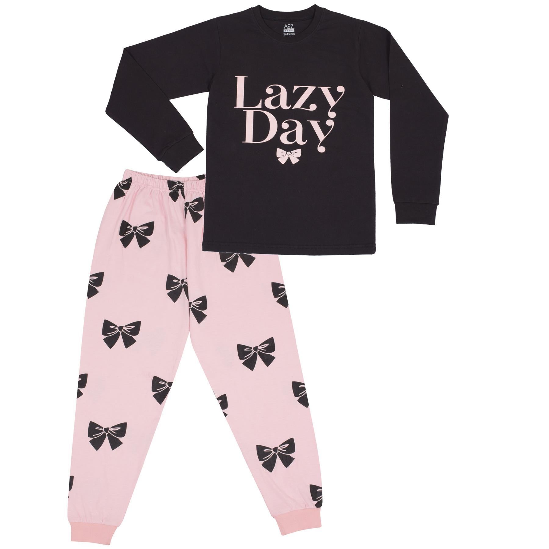 A2Z 4 Kids Girls Lazy Day Print Black 2 Piece Pyjamas Set Ages 2-13 Years