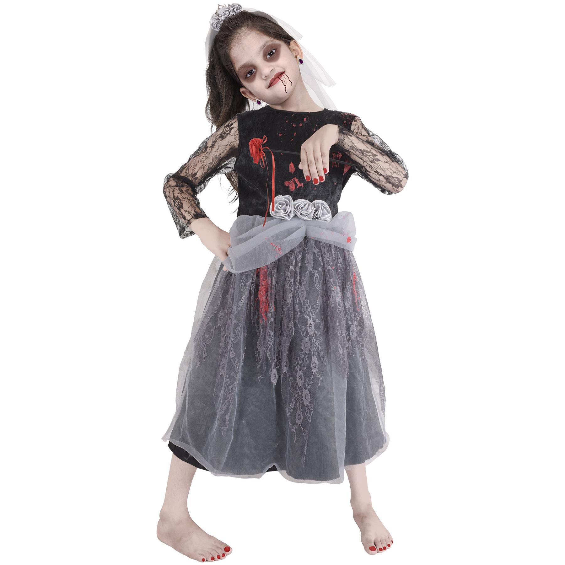 Kids Girls Zombie Bride Halloween Fancy Dress Spooky Costume Bloody Corps Gown