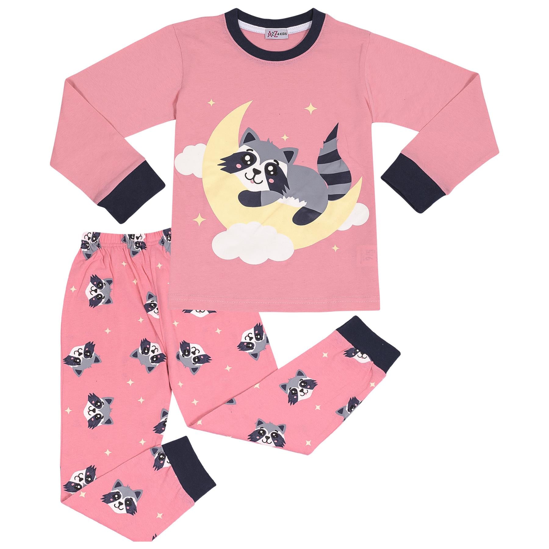 Kids Girls Pyjamas Moon & Raccoon Print Baby Pink Lounge Suit Set