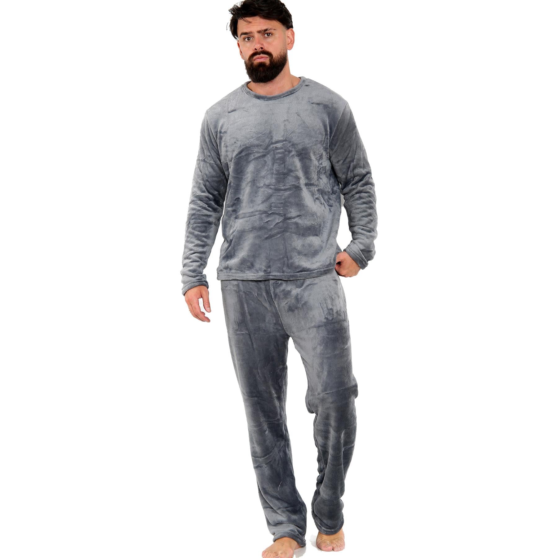 Mens Pyjamas Set Long Sleeve Crew Neck Plain Soft Fleece Pyjamas Set