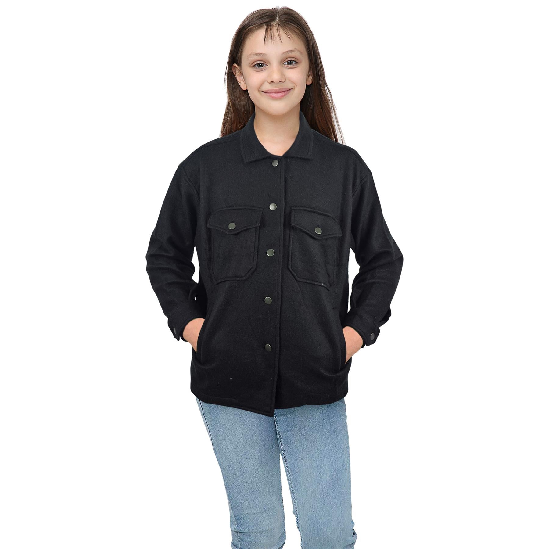 Kids Girls Plain Black Color Jackets Tunic Fleece Collared Fashion Coat 7-13 Yrs