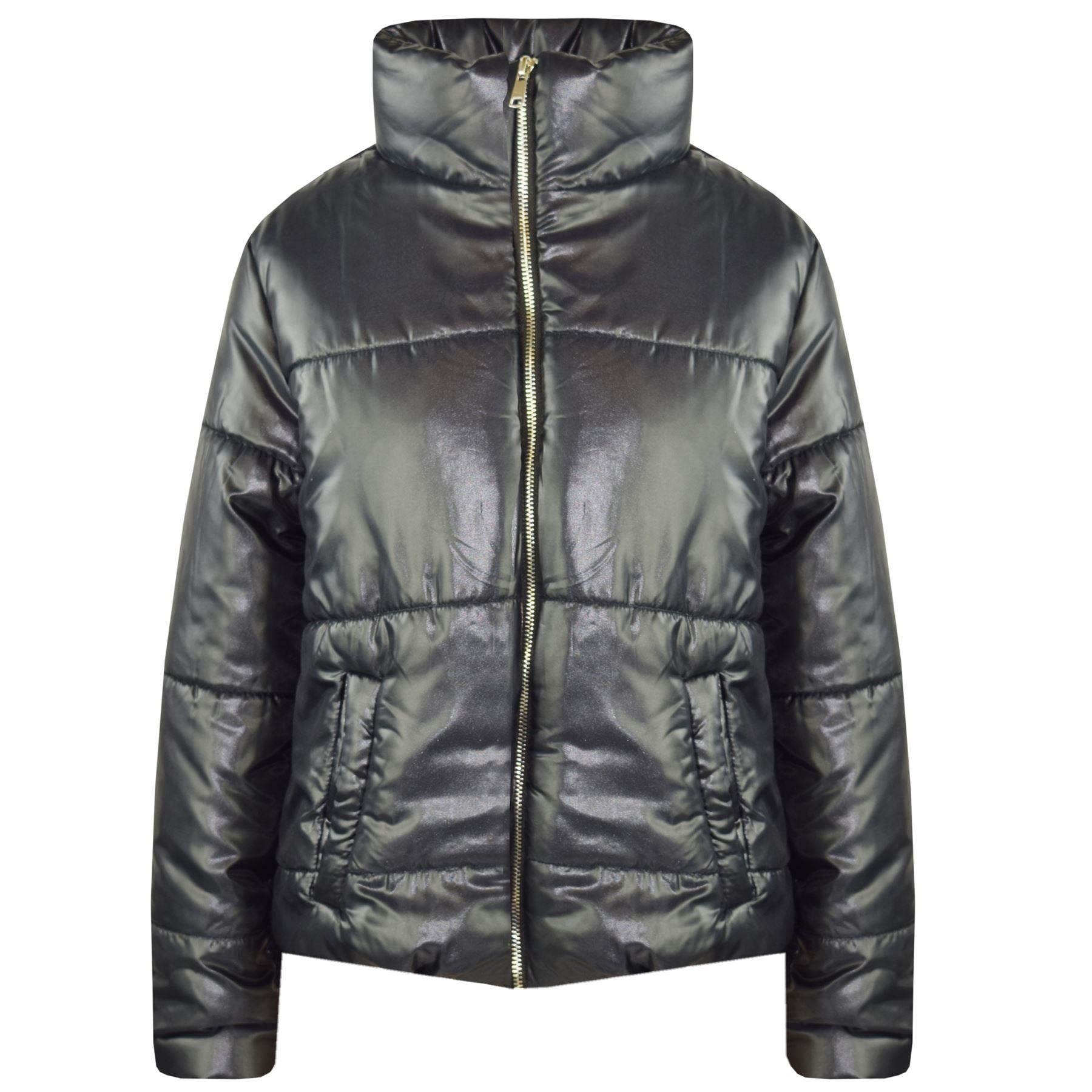 Girls Black Wetlook Padded Quilted Puffer Jacket