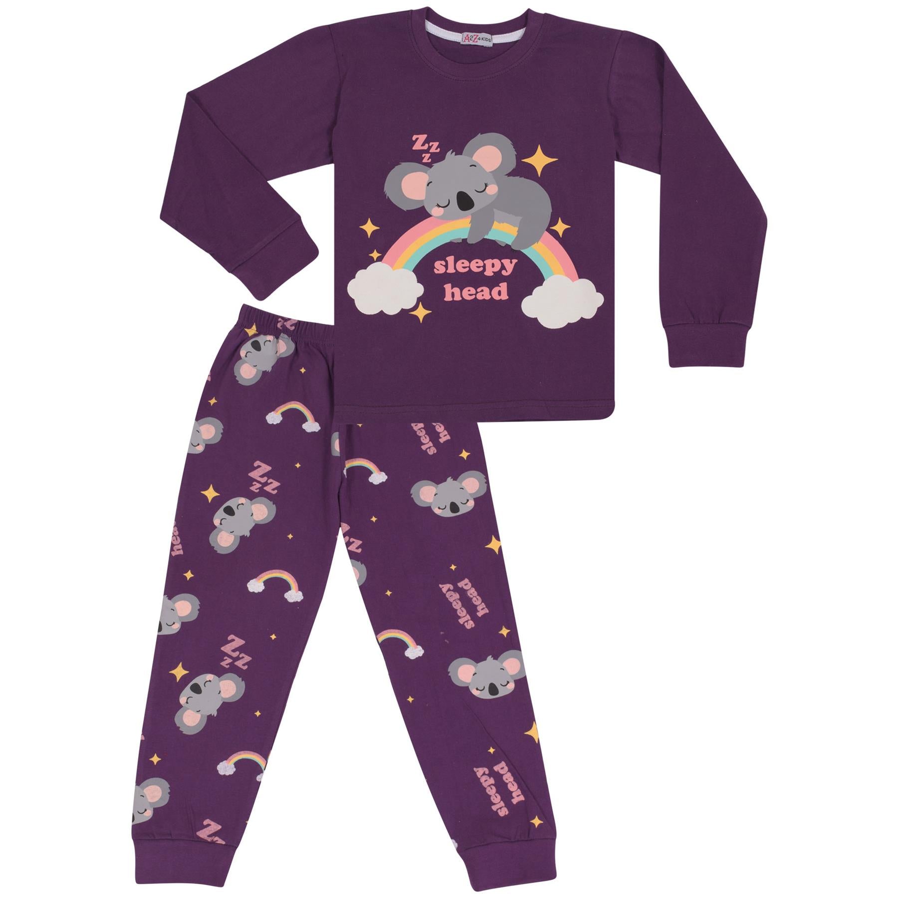 Kids Girls Pyjamas Rainbow & Koala Print Purple Lounge Suit Set