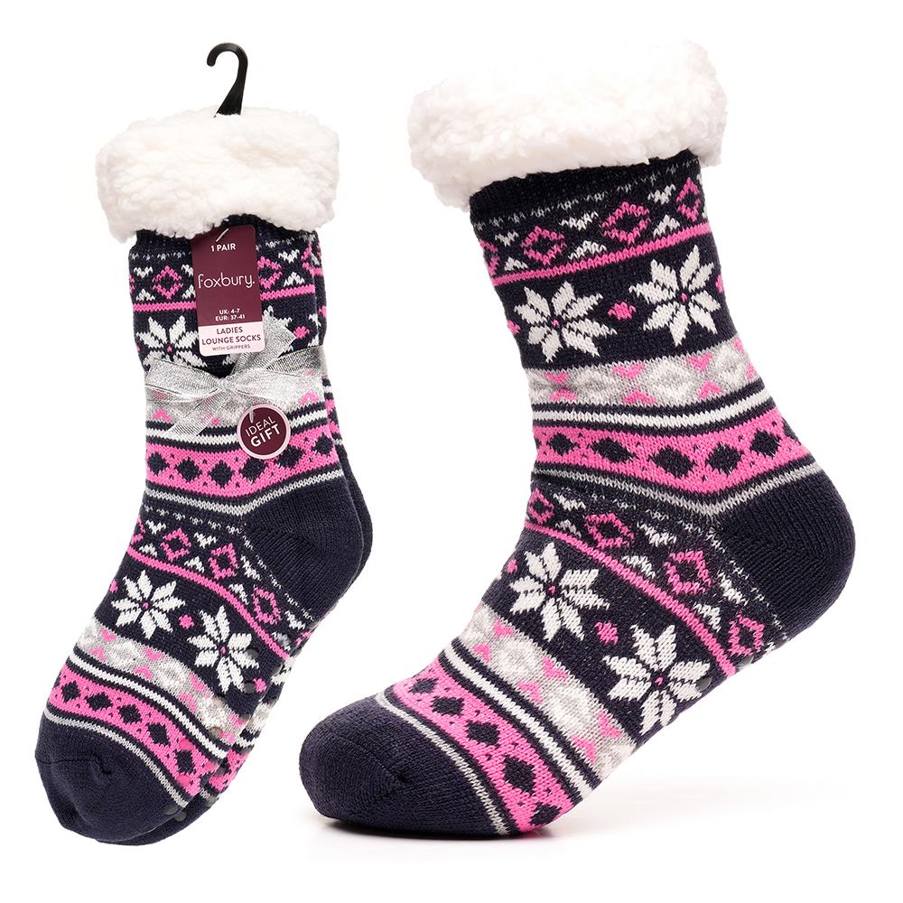 A2Z Ladies Fairisle Lounge Socks With Sherpa Lining Gripper Anti Slip Women Sock