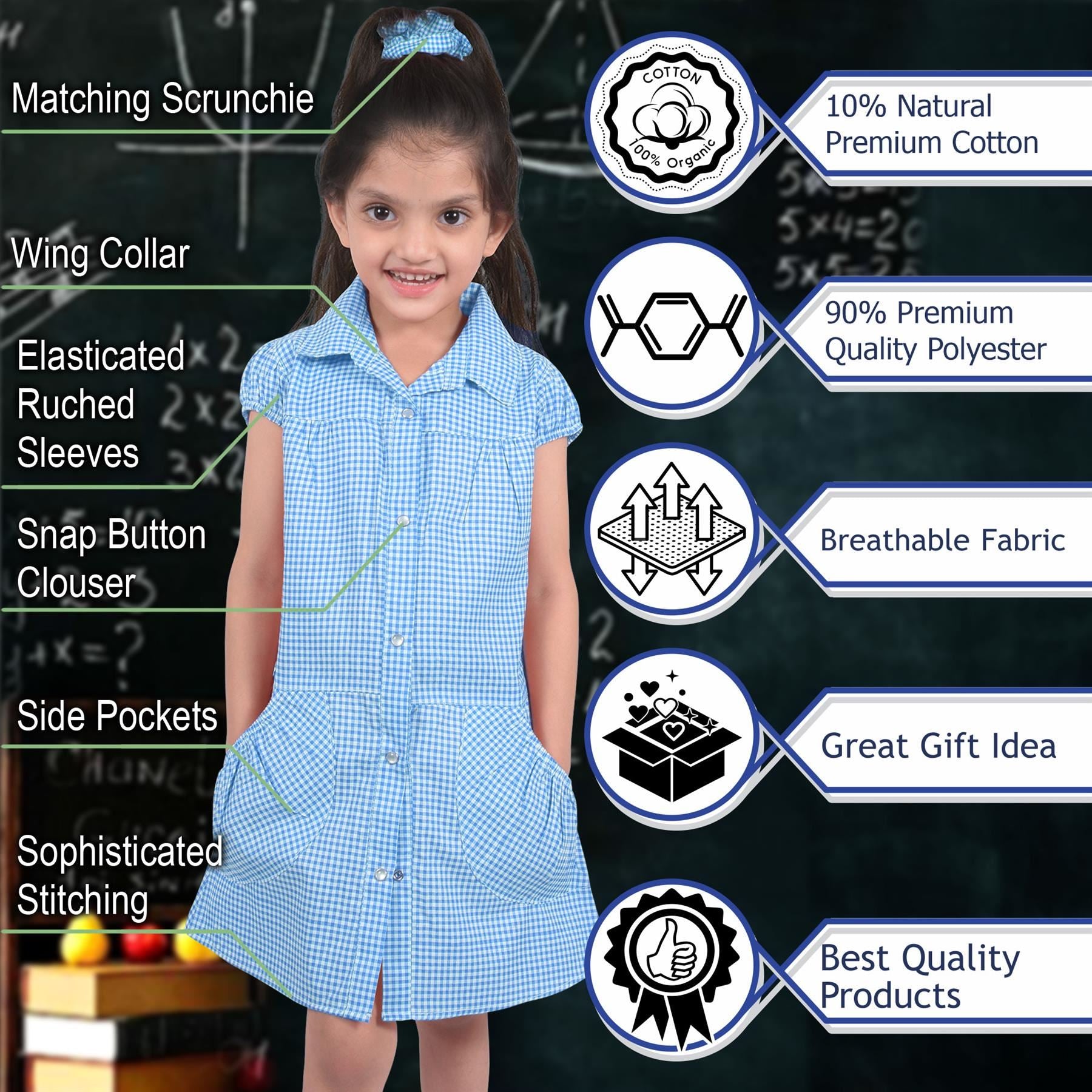 Girls Gingham School Dress Pack Of 2 Check Print Dresses With Matching Scrunchie