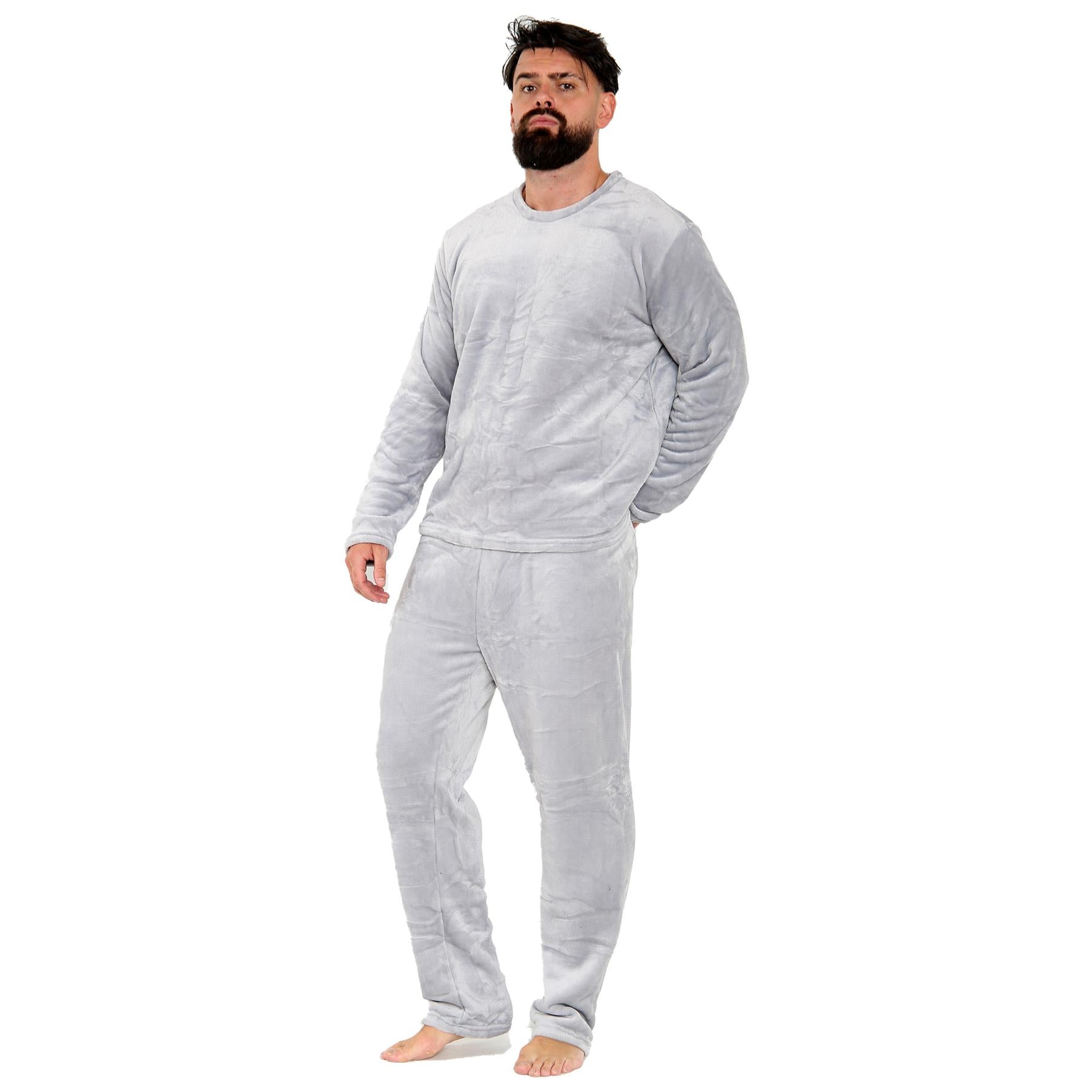 Mens Pyjamas Set Long Sleeve Crew Neck Plain Soft Fleece Pyjamas Set