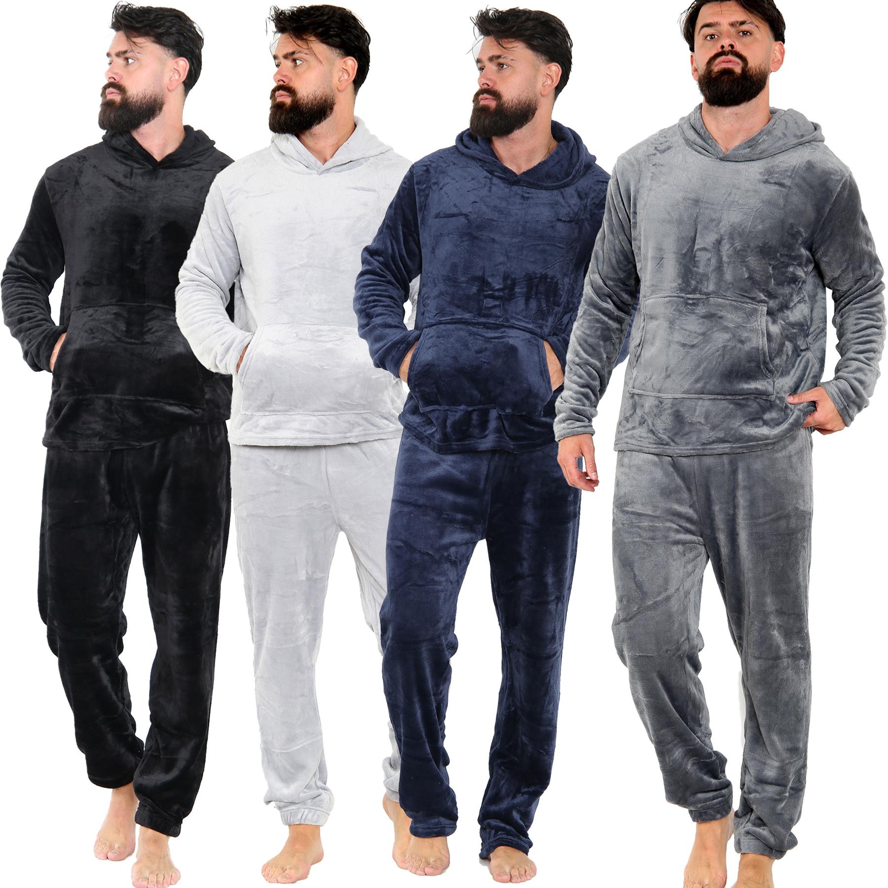 Mens Pyjamas Set Long Sleeve Hooded Plain Soft Fleece Pyjamas Set