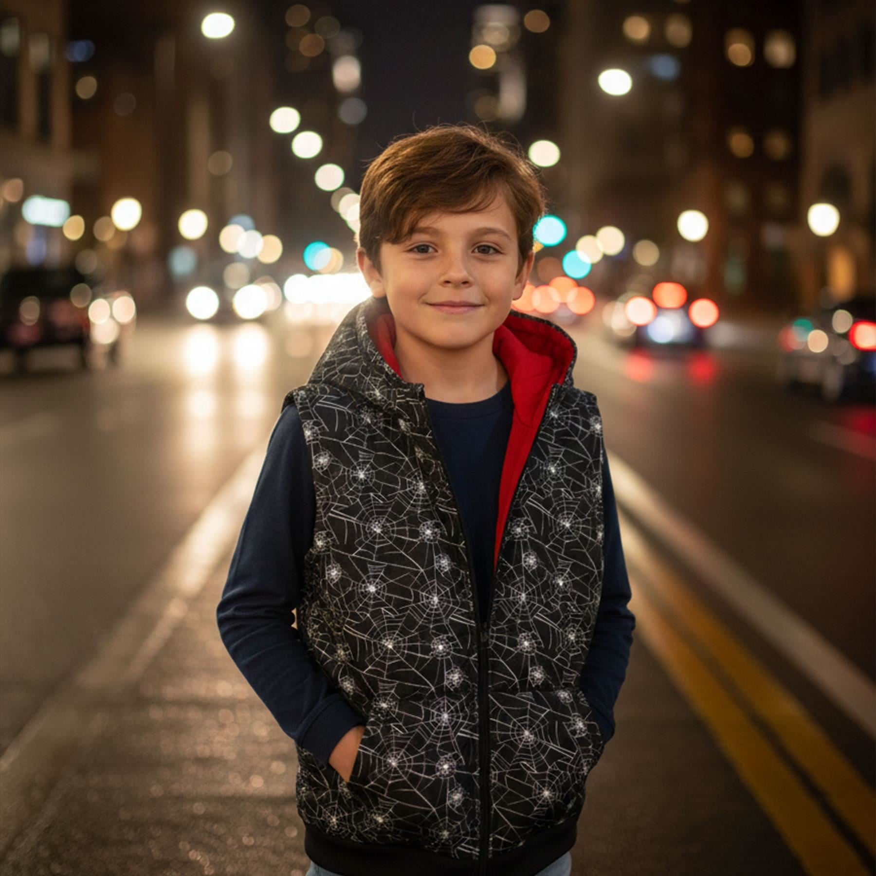 A2Z Kids Padded Hooded Gilet Spider Web Print Sleeveless Jacket 5-14 Years