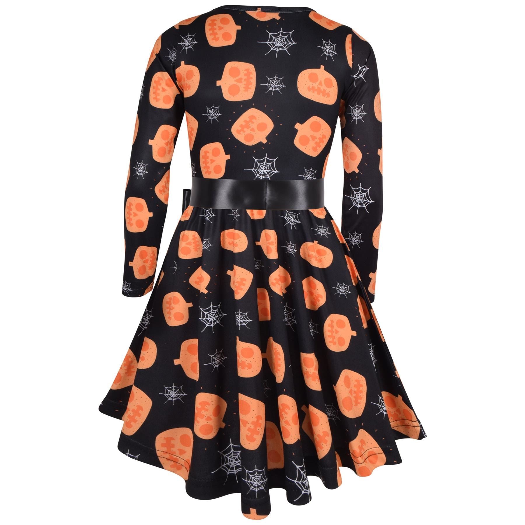 Girls Long Sleeves Pumpkins & Spider Web Print Halloween Skater Dress