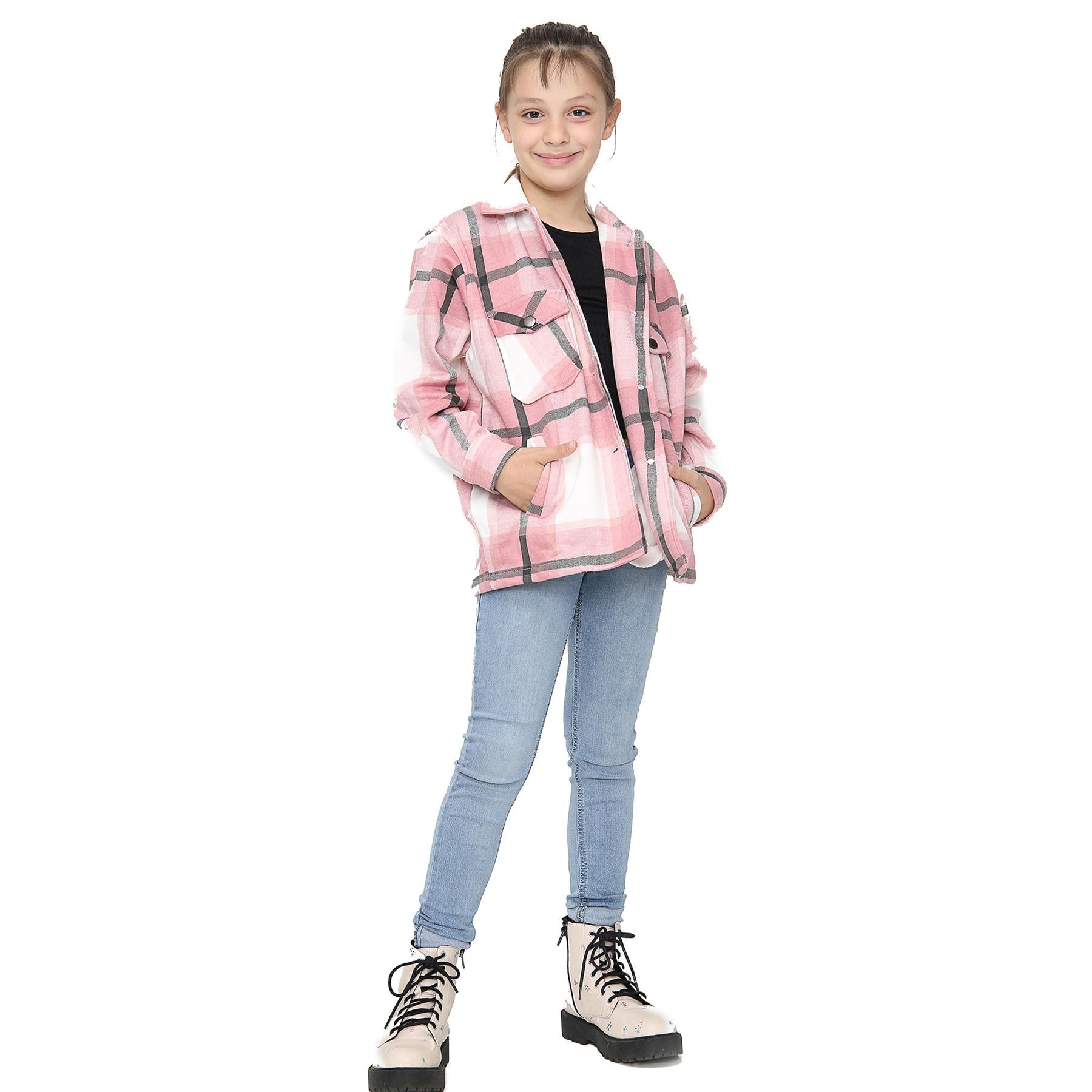 Kids Girls Check Print Pink Jackets Tunic Fleece Collared Fashion Coat 7-13 Year