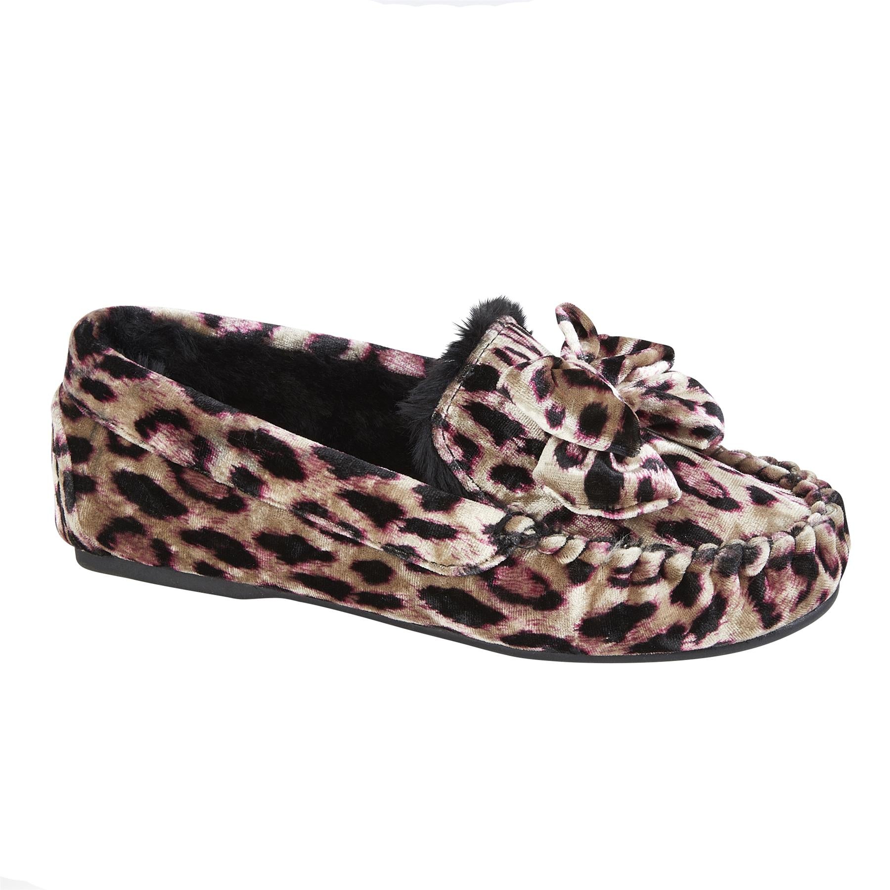 Womens Loafer Ladies Fluffy Faux Fur leopard Bow Moccasin Style House Slippers