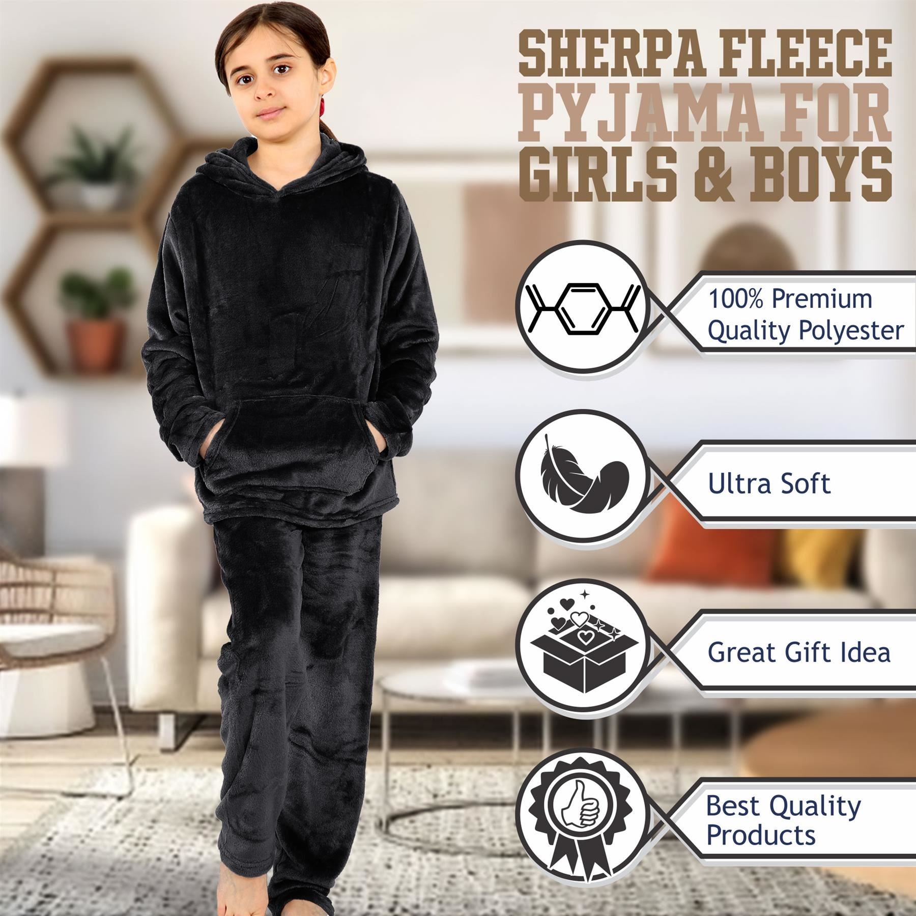 Kids Boys Girls Plain Hooded Warm Fleece Pyjamas 2 Piece PJS Set