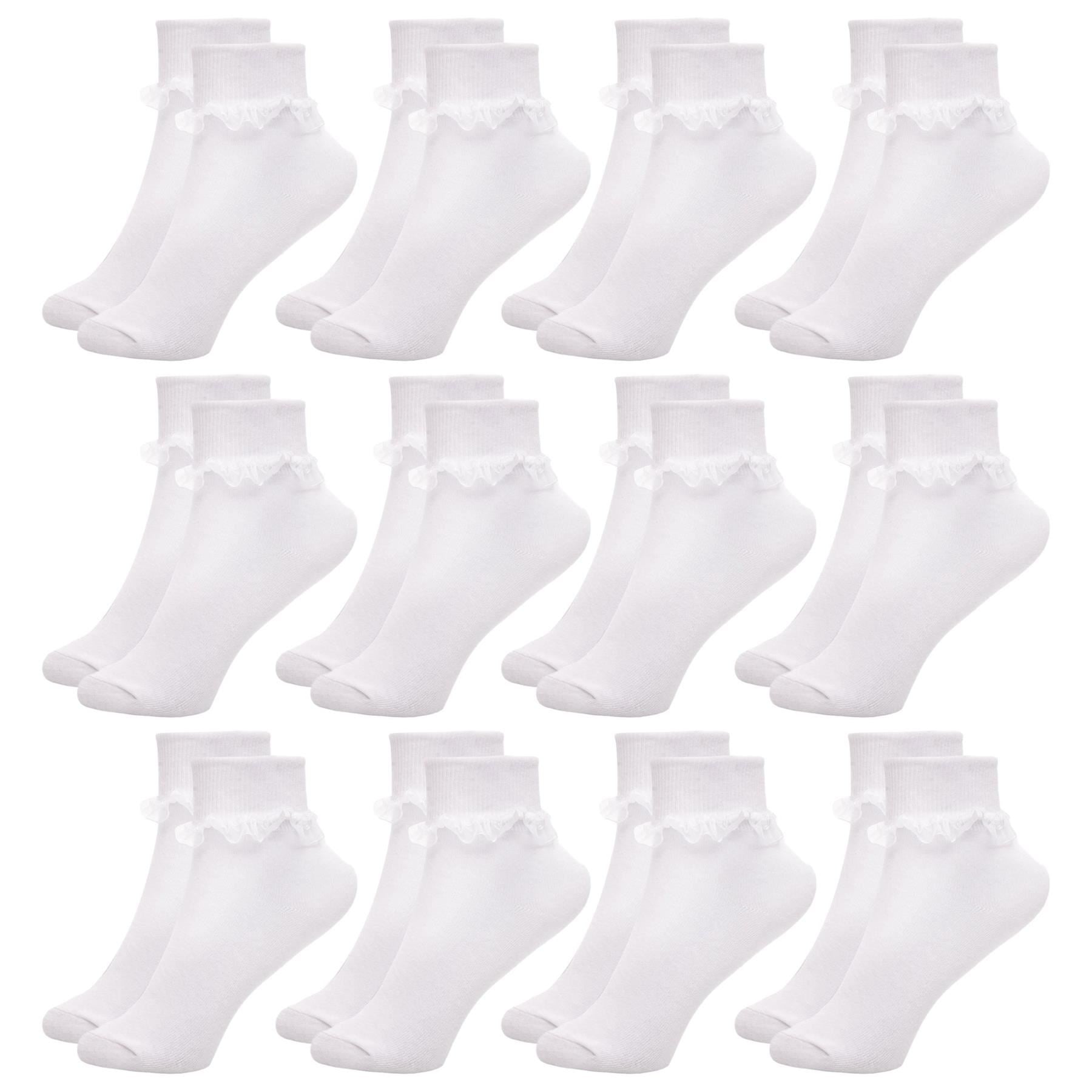 Kids Girls Frilly Lace Ankle Socks 12 Pack Cotton School Party Lace Trim Socks