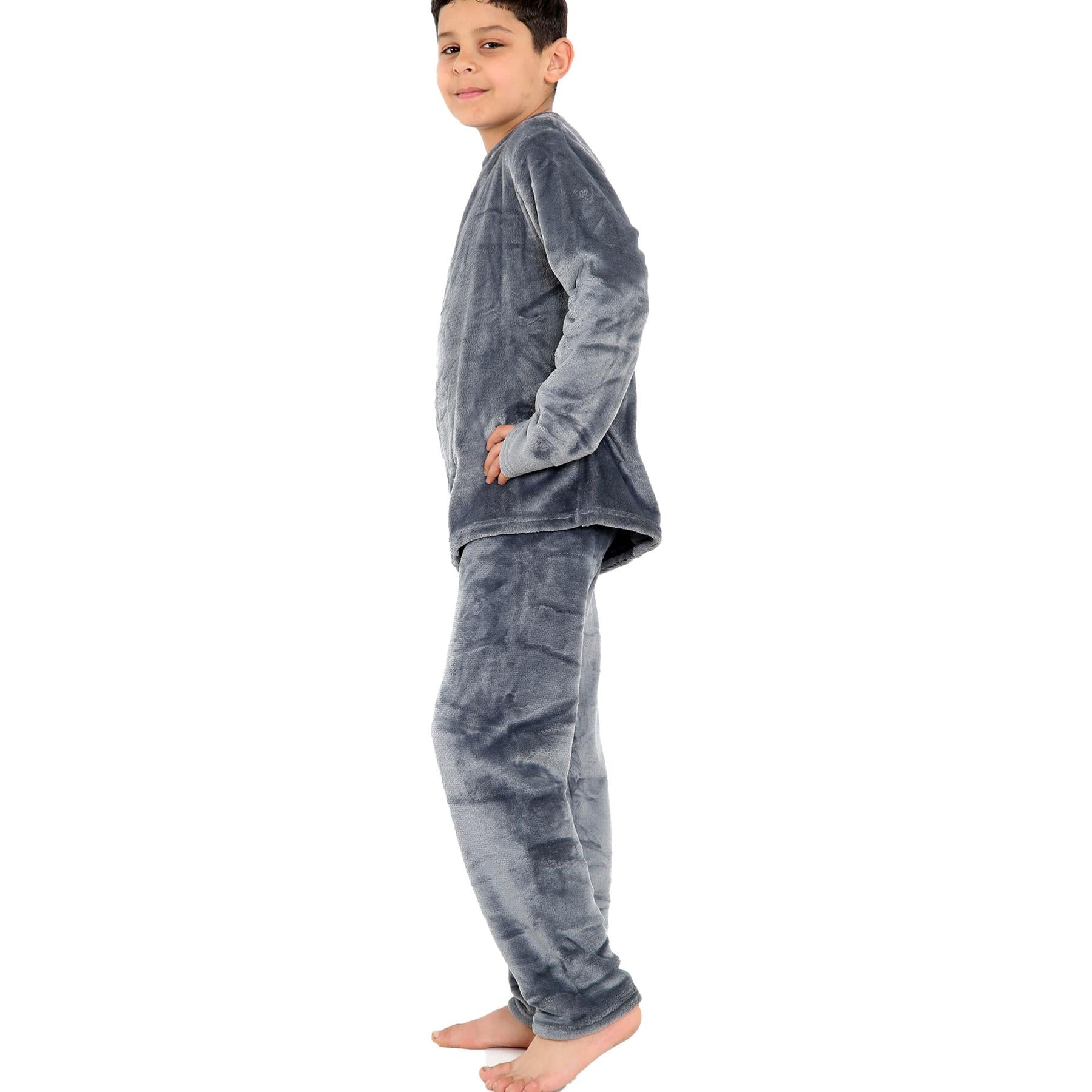 Kids Boys Girls Plain Crew Neck Warm Fleece Pyjamas 2 Piece PJS Set