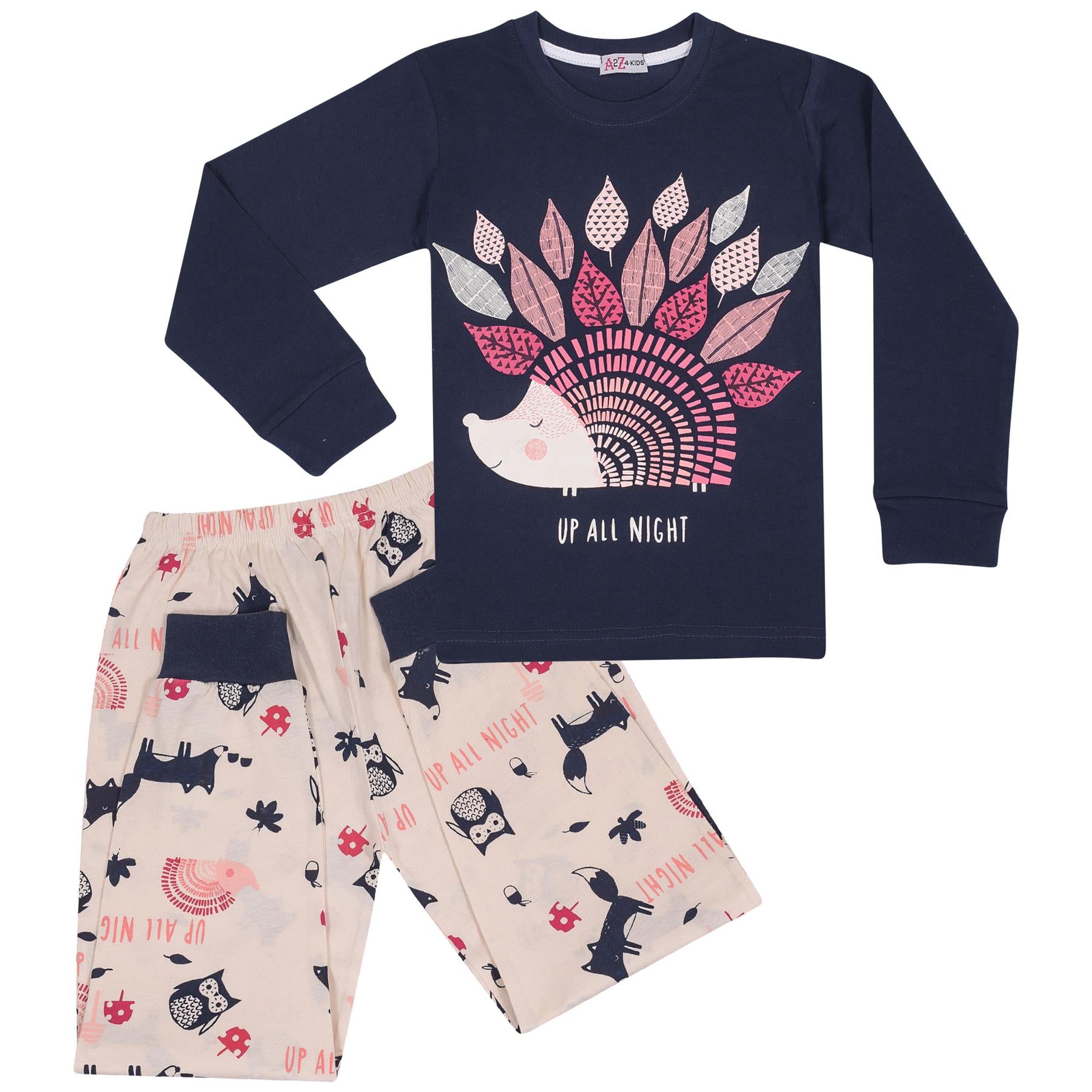 Kids Girls Pyjamas Up All Night Print Navy Lounge Suit Set