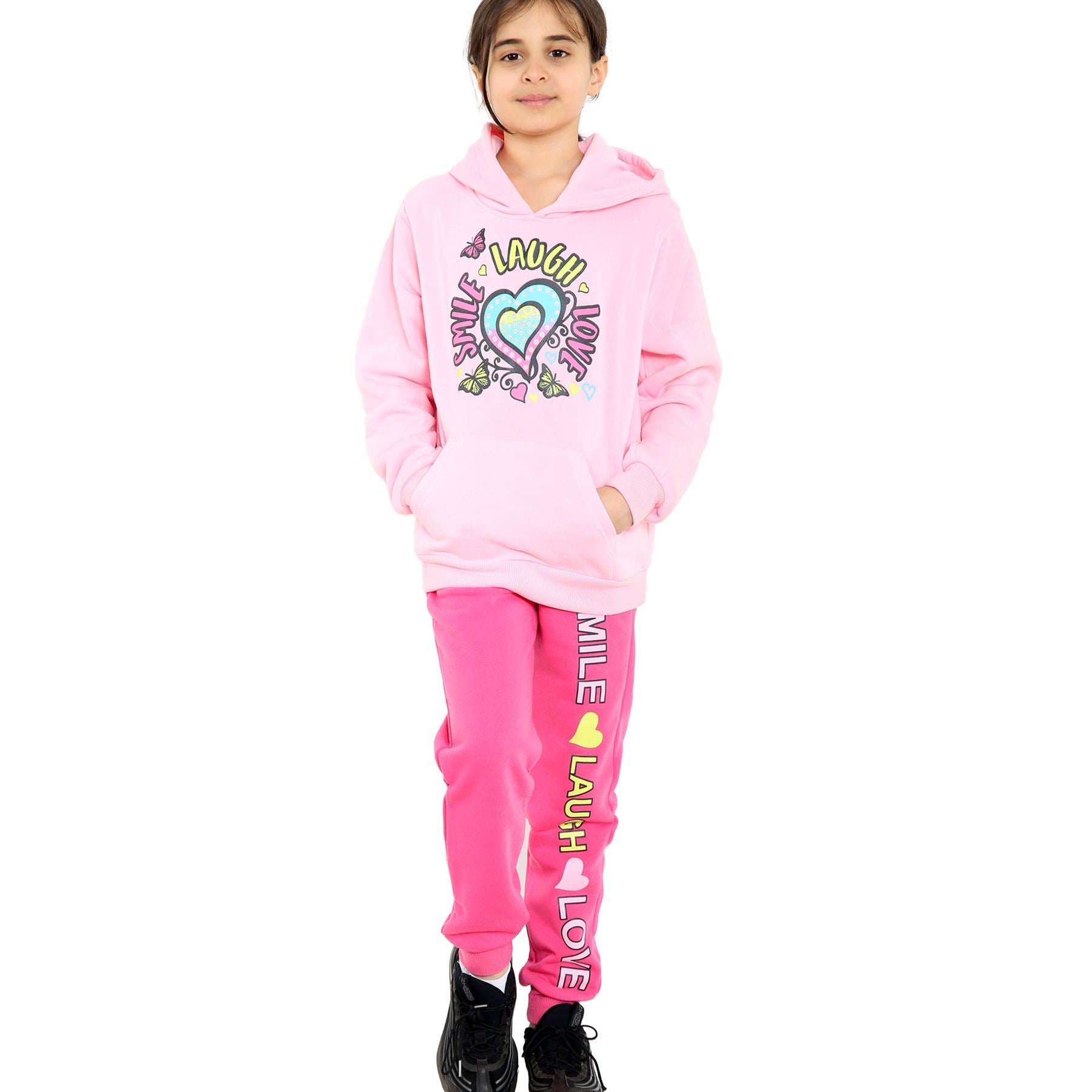 A2Z 4 Kids Girls Tracksuit Smile Laugh Love Print Hooded Top Bottoms Outfit Set