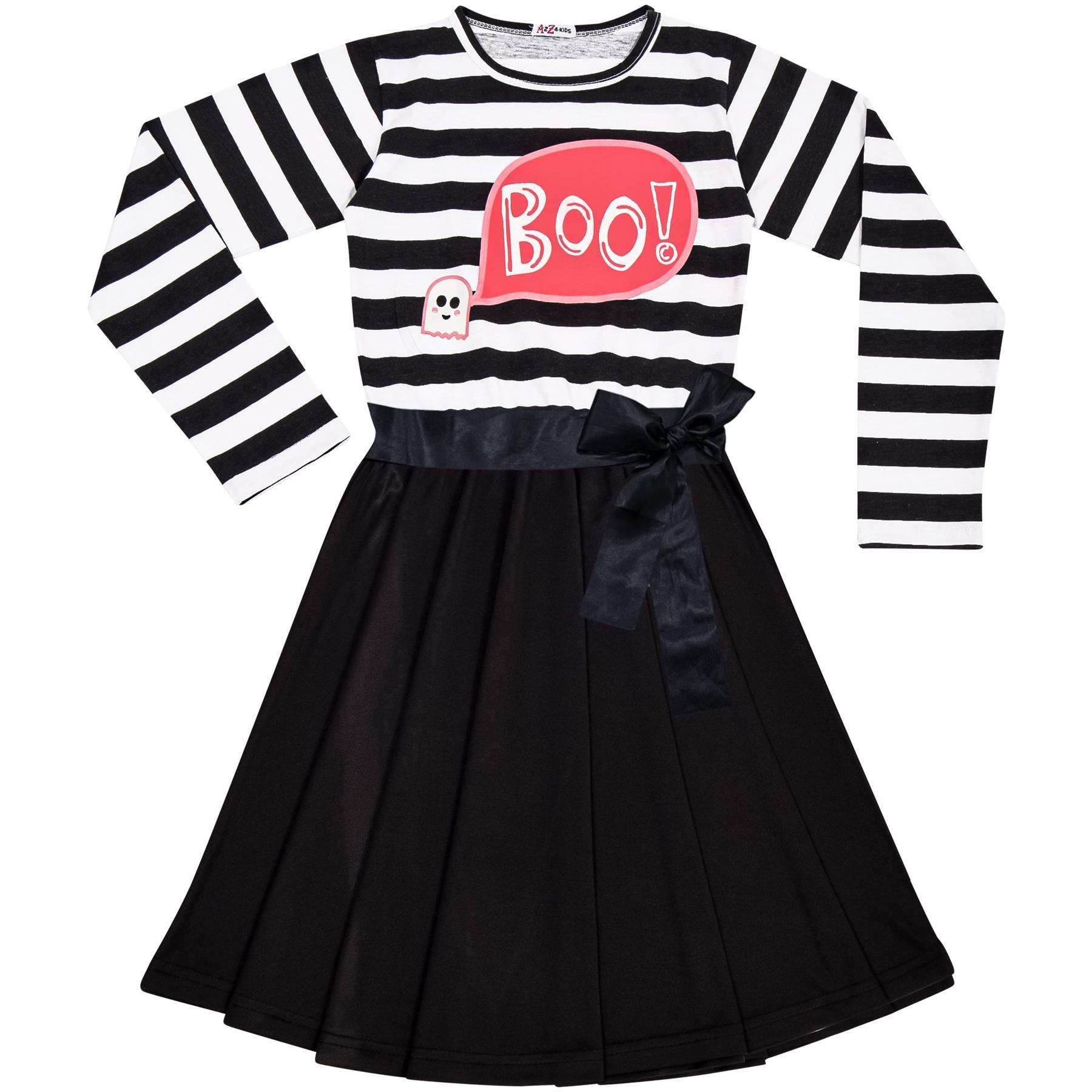 Girls Long Sleeves Boo Printed Stripes Panelled Halloween Skater Dress