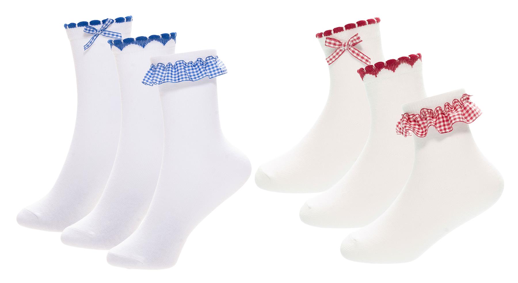 A2Z 4 Kids Girls 3 Pack Gingham Lace Trim Frill & Bow School Ankle Socks