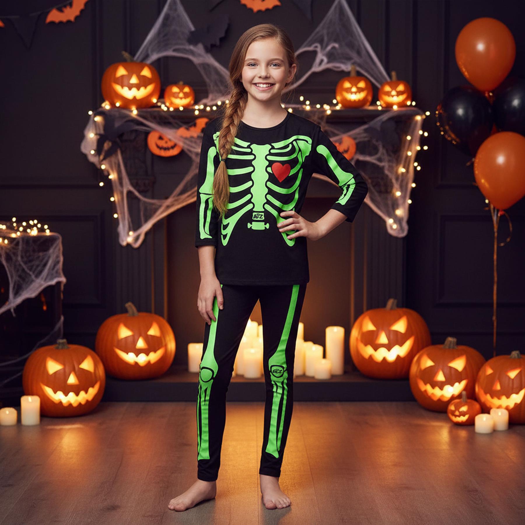 Kids Girls Skeleton Print Halloween Costume Set