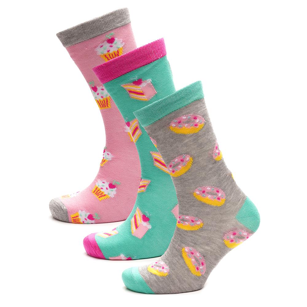 Ladies 3 Pack Black Heel & Toe Pattern Stripe Spot Novelty Drinks Cakes Design