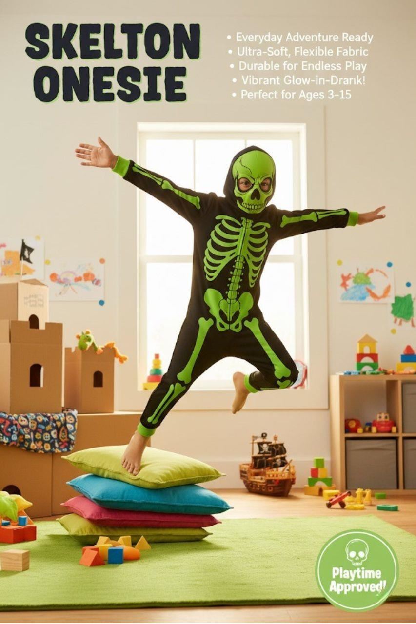 Girls Boys Neon Green Skeleton Print Pyjama Halloween