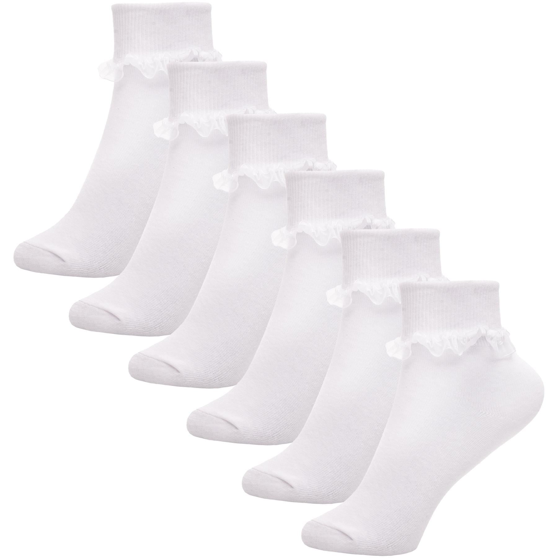 Kids Girls Frilly Lace Ankle Socks Pack of 6 White Cotton Lace Trim Socks