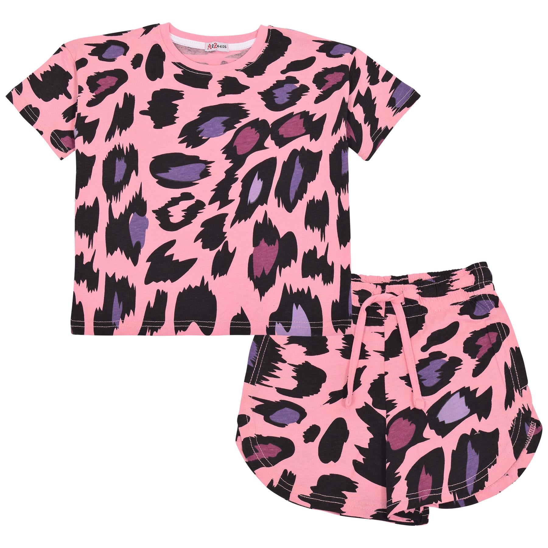 Kids Leopard Shorts Set Girls Short Sleeve Crop Top Outfits Set Age 5-13