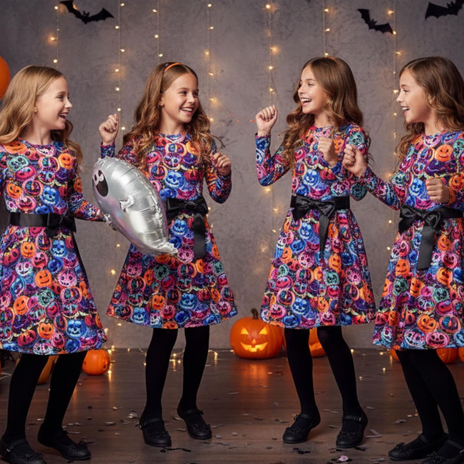 Girls Long Sleeves Multi Color Pumpkins Print Halloween Skater Dress