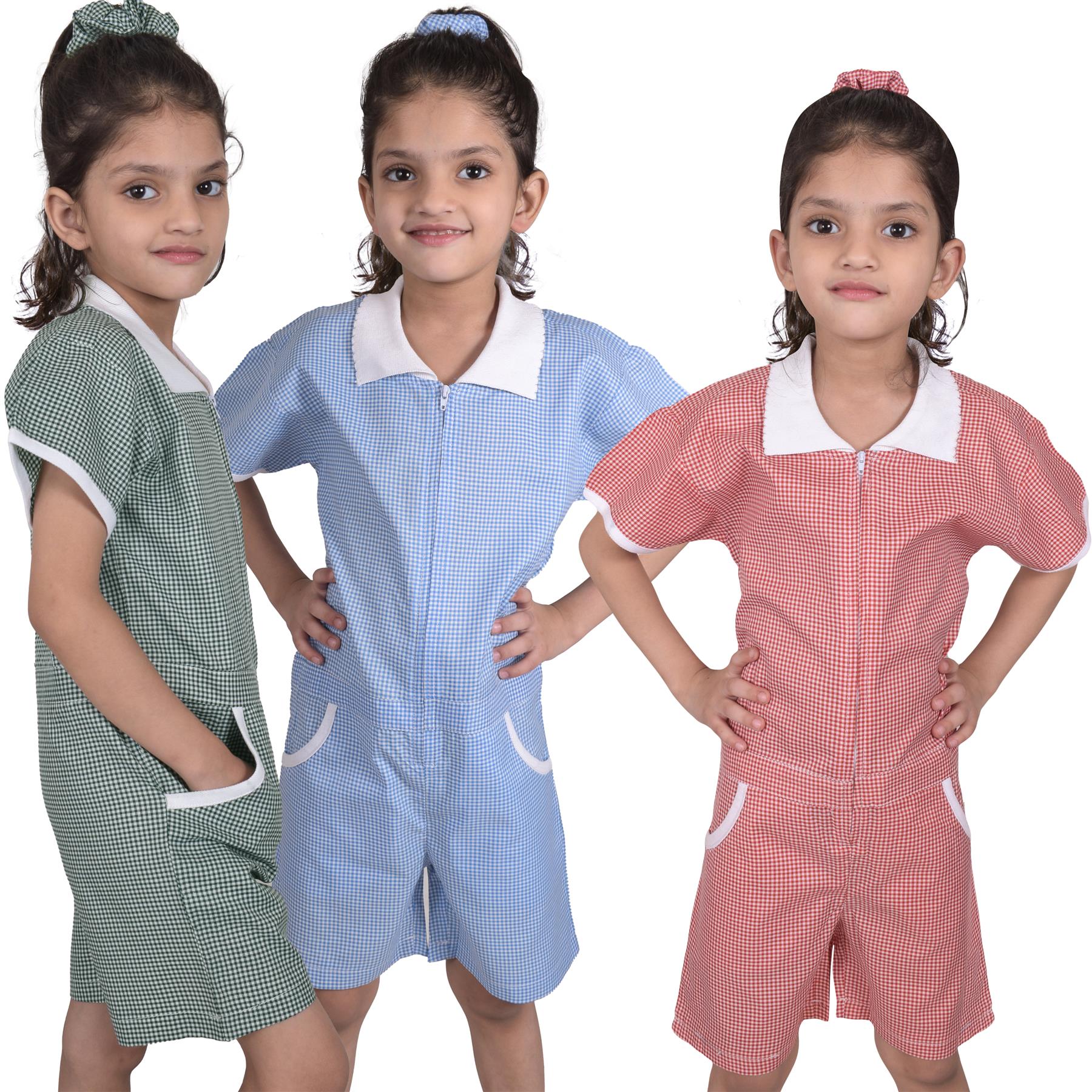 Kids Girls Gingham School 2 Pack Check Summer Playsuit With Matching Scrunchies