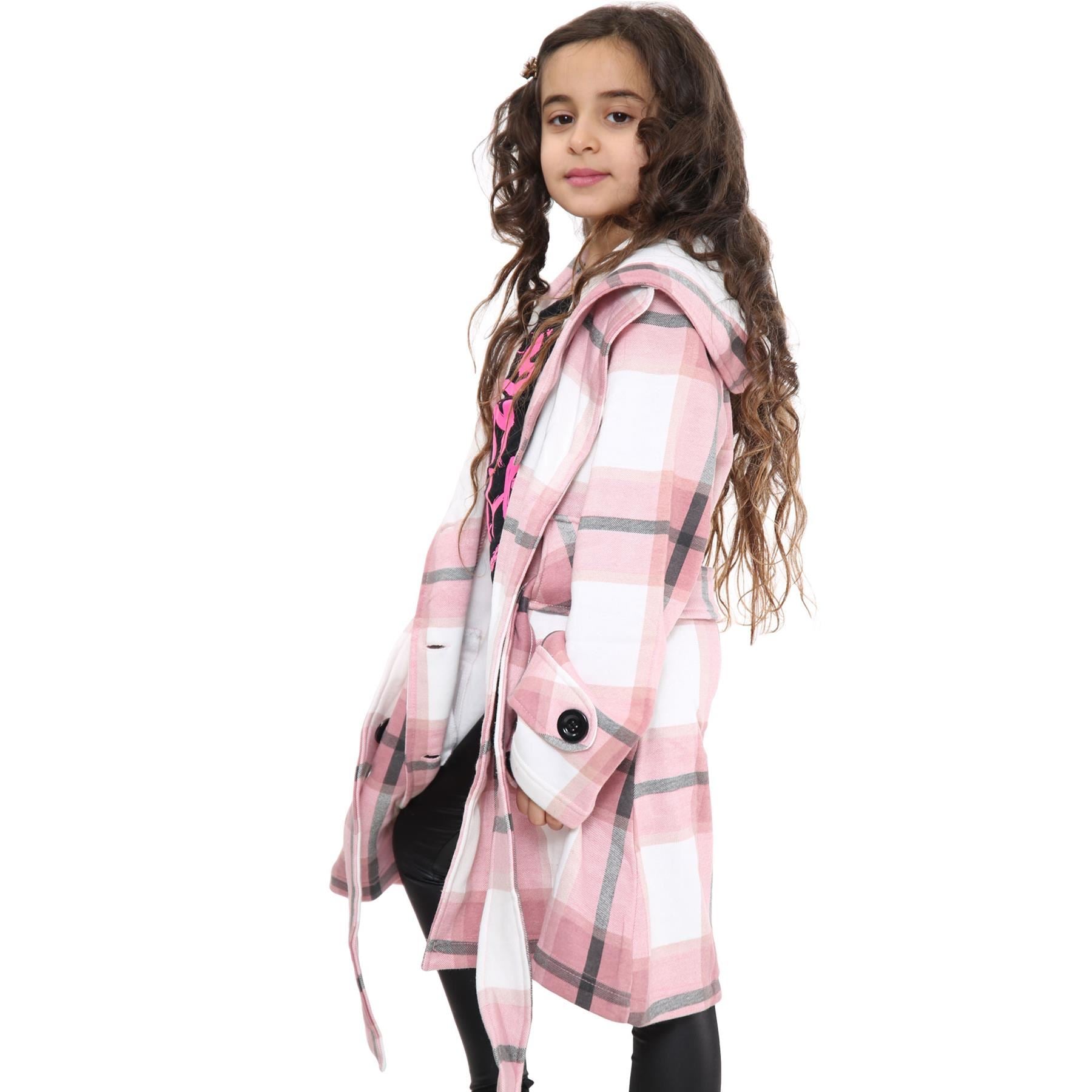 Kids Girls Overcoats Hooded Trench Coats Lapels Pink Check Padded Parka Jackets