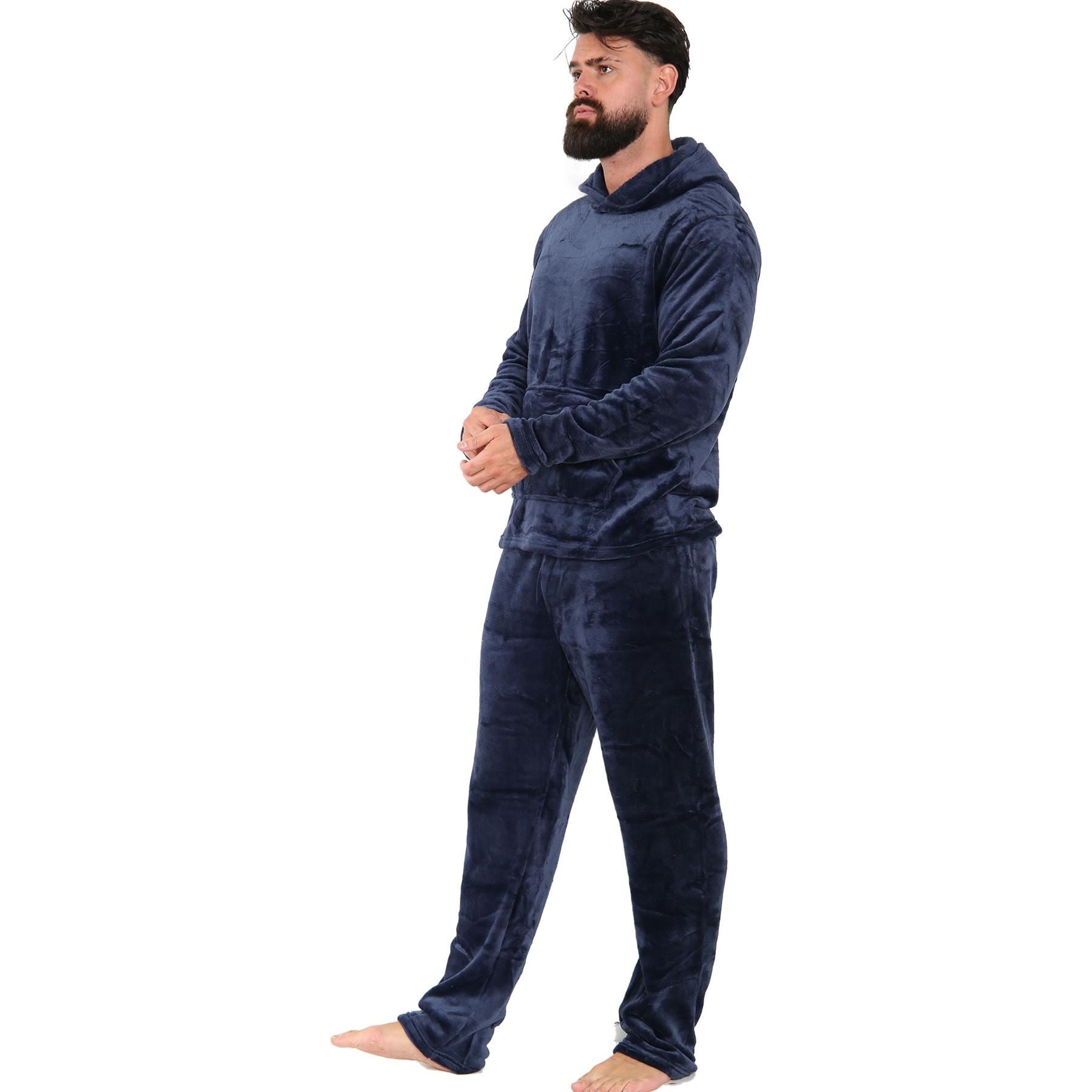 Mens Pyjamas Set Long Sleeve Hooded Plain Soft Fleece Pyjamas Set