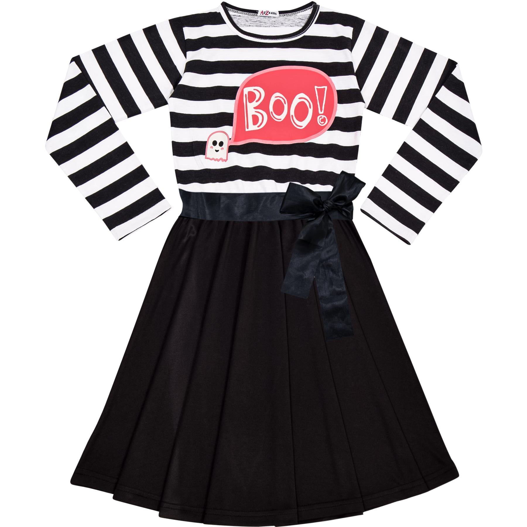 Girls Long Sleeves Boo Printed Stripes Panelled Halloween Skater Dress