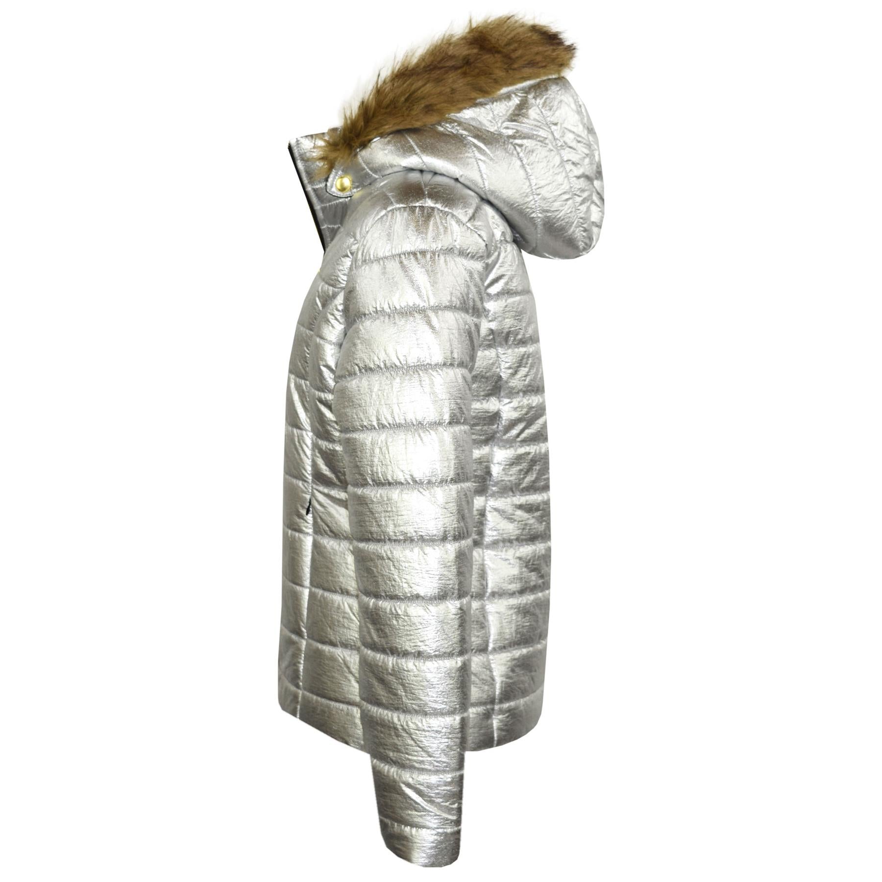 Kids Girls Jackets Metallic Silver Puffer Padded Quilted Hooded Faux Fur Coats