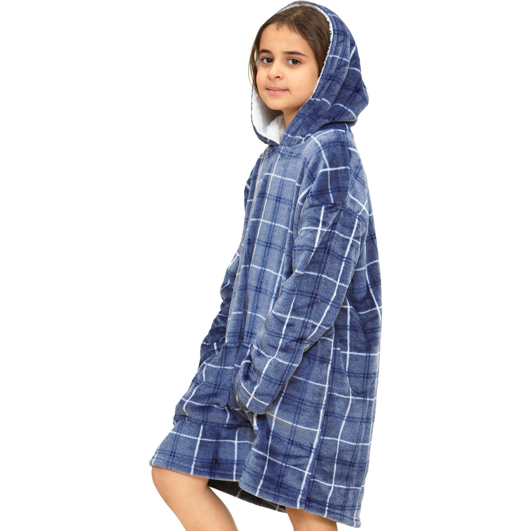 Kids Oversized Hoodie Blue Tartan Printed Snuggle Soft World Book Day Blanket