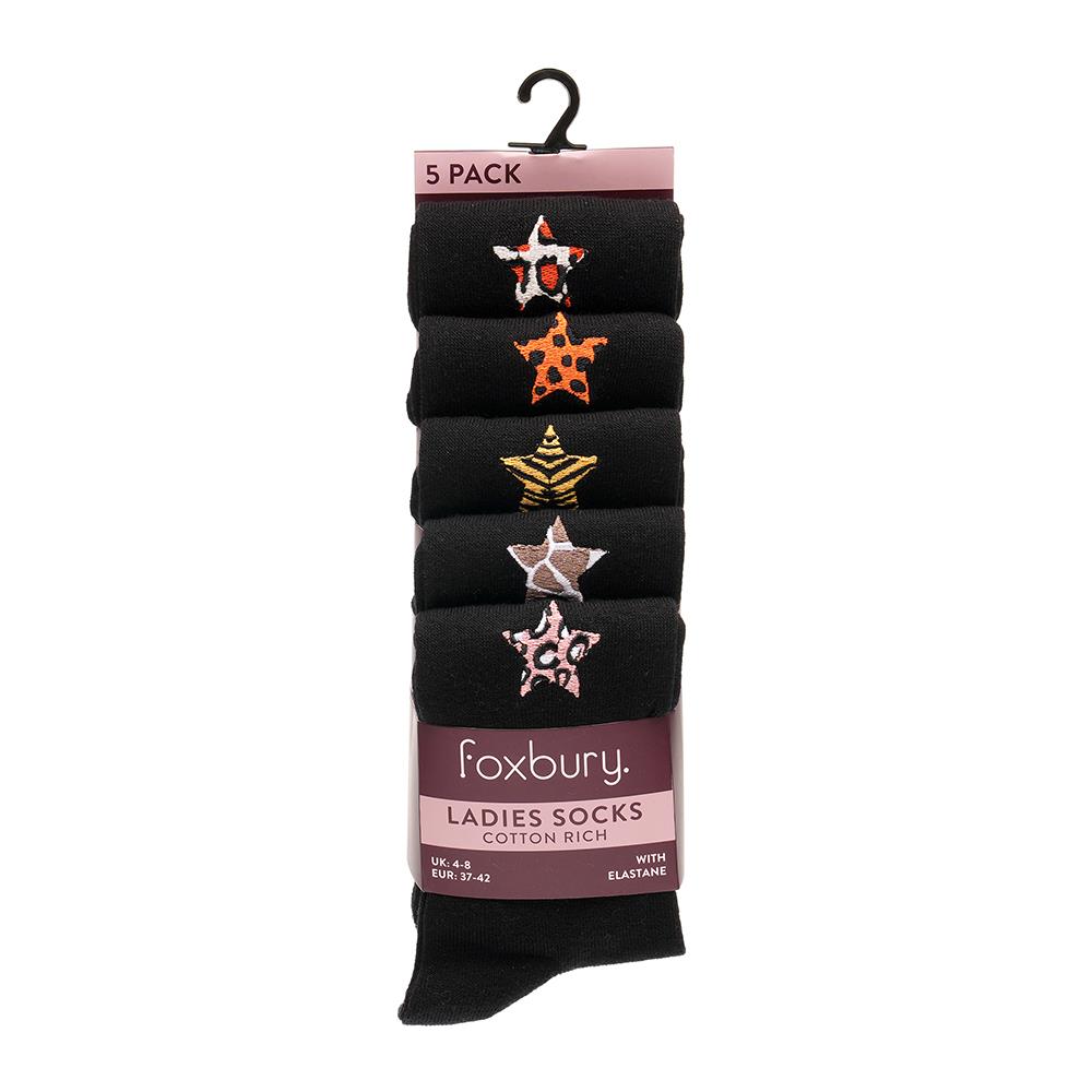 Ladies Embroidered Cats and Stars Cotton Pack of 5 Stylish Comfortable Women Socks