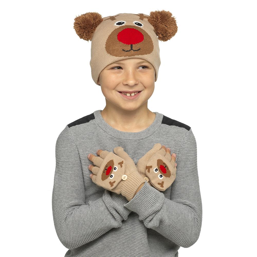 A2Z 4 Kids Girls Boys Hat Xmas Rudolph Santa Mitten Hats Winter Warm Gloves Sets