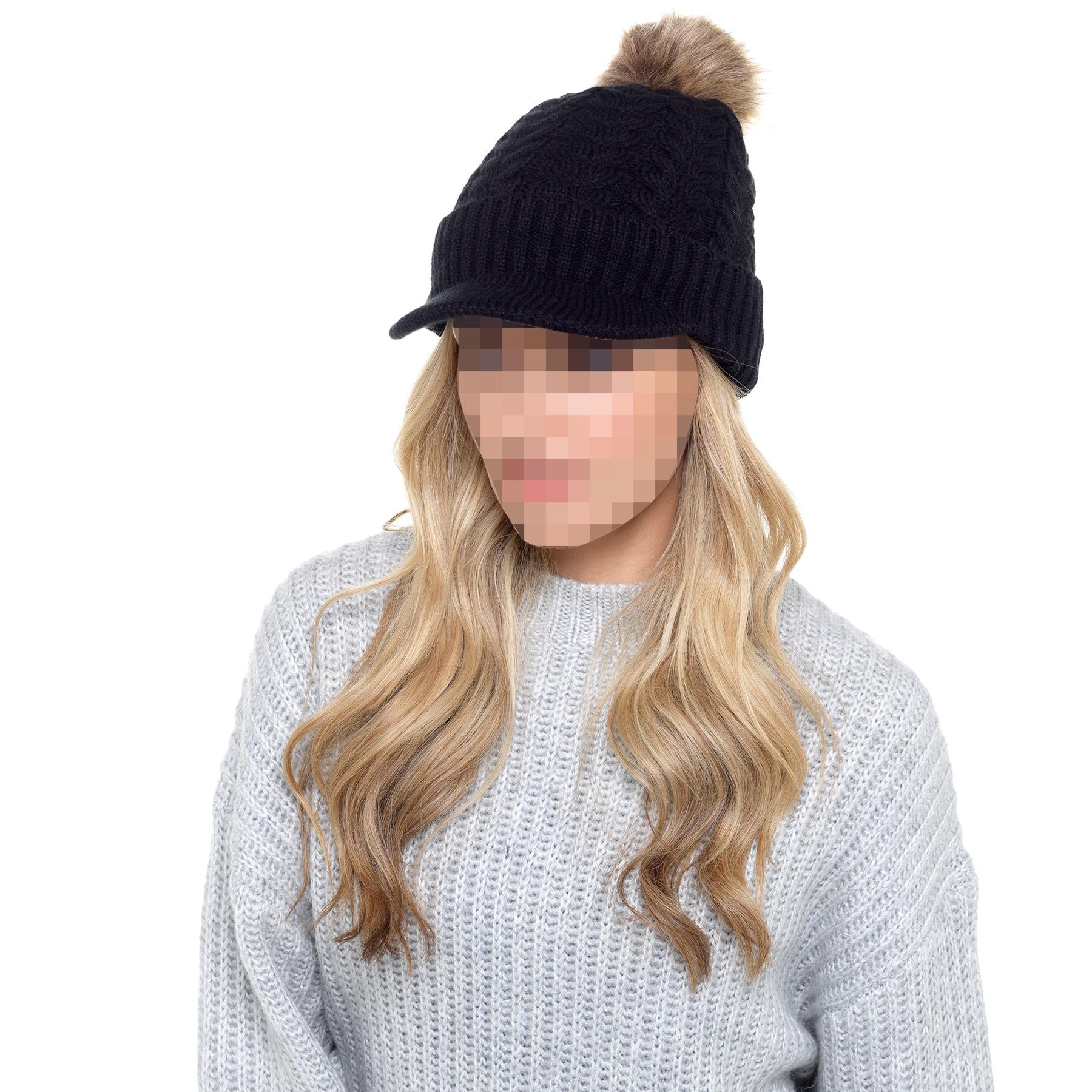 A2Z Ladies Hat Cable Knit Peaked Sherpa Detachable Pom Pom Winter Warm Cozy Caps