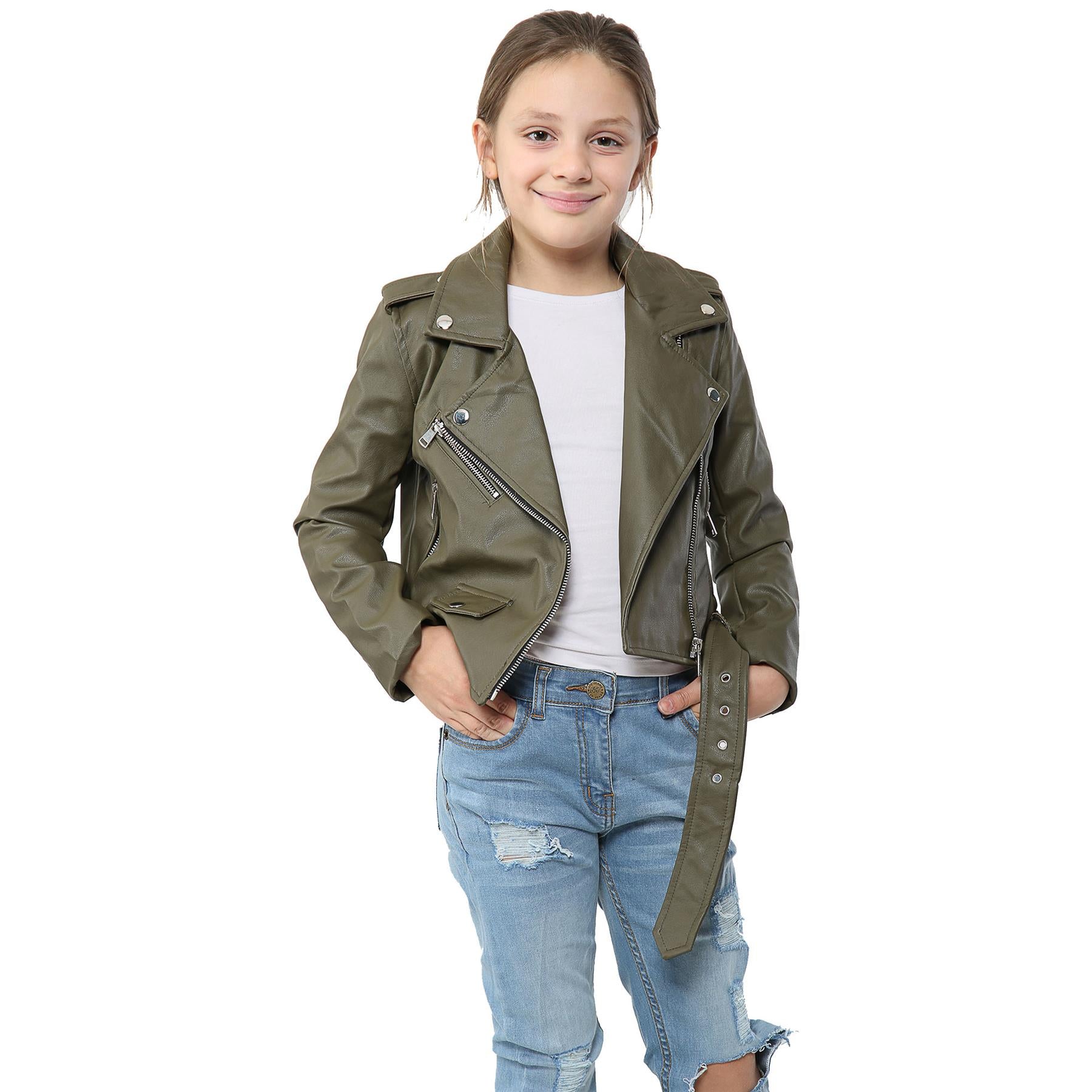 Kids Girls Jackets PU Leather Jacket Zip Up Coats