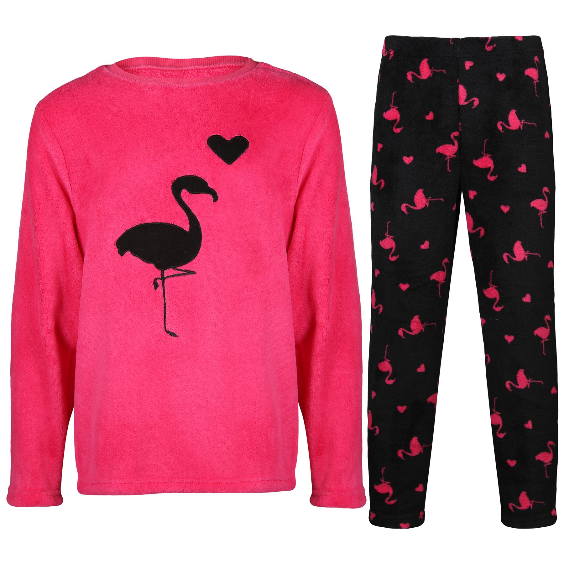 Kids Girls Pyjamas 2 Piece Soft Fluffy Loungewear Flamingo Cosy Pyjama Set