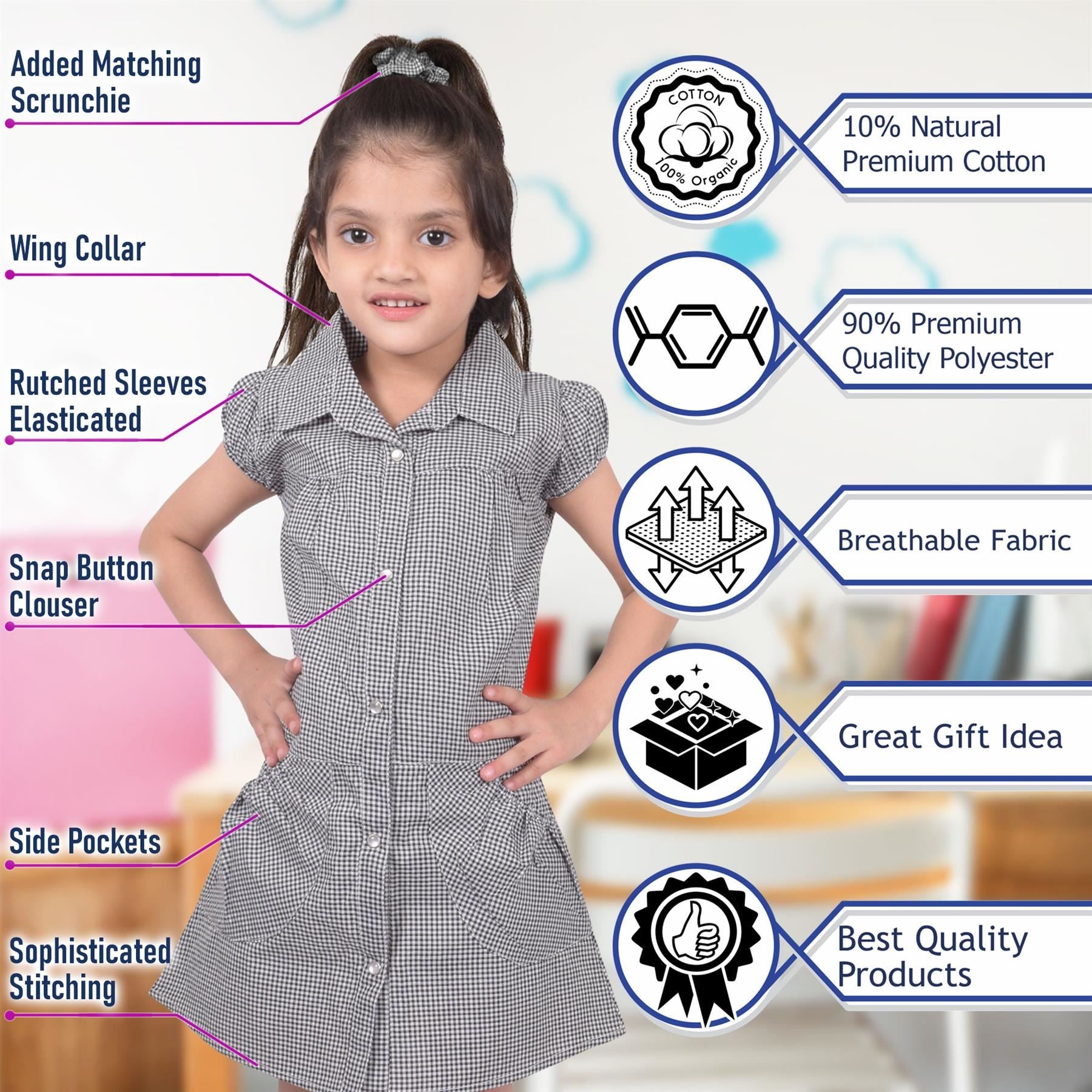 Girls Uniform School Dress Gingham Check Printed Dress With Matching Scrunchies