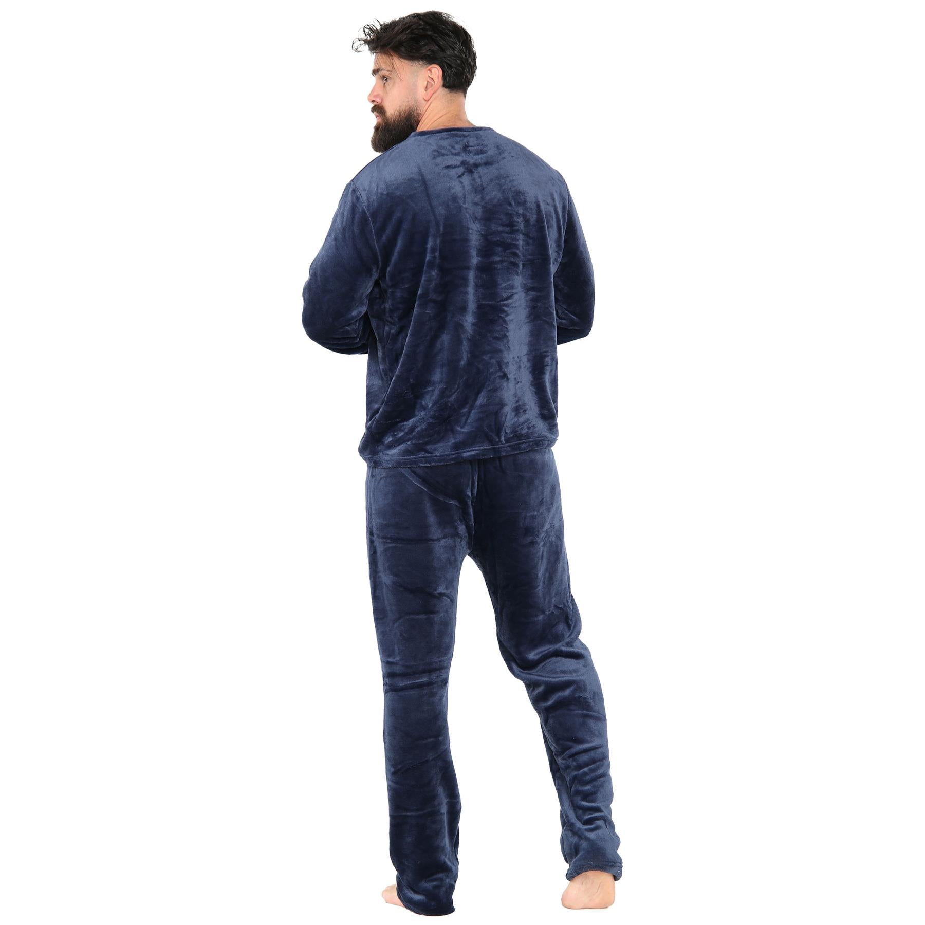 Mens Pyjamas Set Long Sleeve Crew Neck Plain Soft Fleece Pyjamas Set